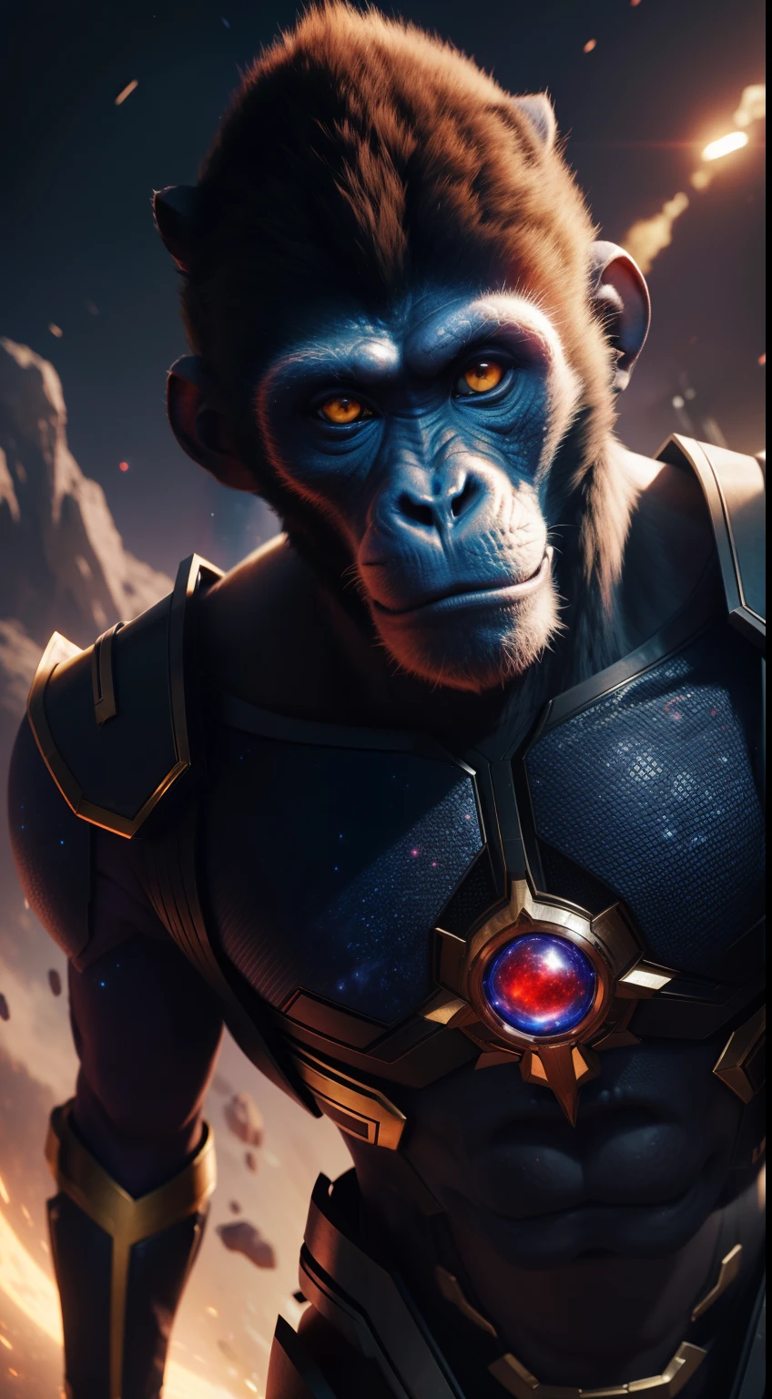 [Linda frase para inspirar a IA: "Um chinpanze de armadura eem marte!", fantasy and science fiction style] 
Stage 1: masterpiece, amazing quality, Epic illustration in ultra-high resolution (8K); 
Stage 2: Em um planeta distante, visualmente impactante, difuso e misterioso, where life developed in a unique way, There is a chimpanzee (1chimpanzee); 
Stage 3: He is dressed in an armor of advanced technology and with a heroic attitude, but it's also curious and friendly, whose appearance is complemented with green and intelligent eyes;(green eyes:1.3); 
Stage 4: O planeta vermelho visto ao fundo, with panoramic view; 
Stage 5: The image is illuminated by a soft sepia-toned light, evoking a nostalgic sense of a parallel world. --auto