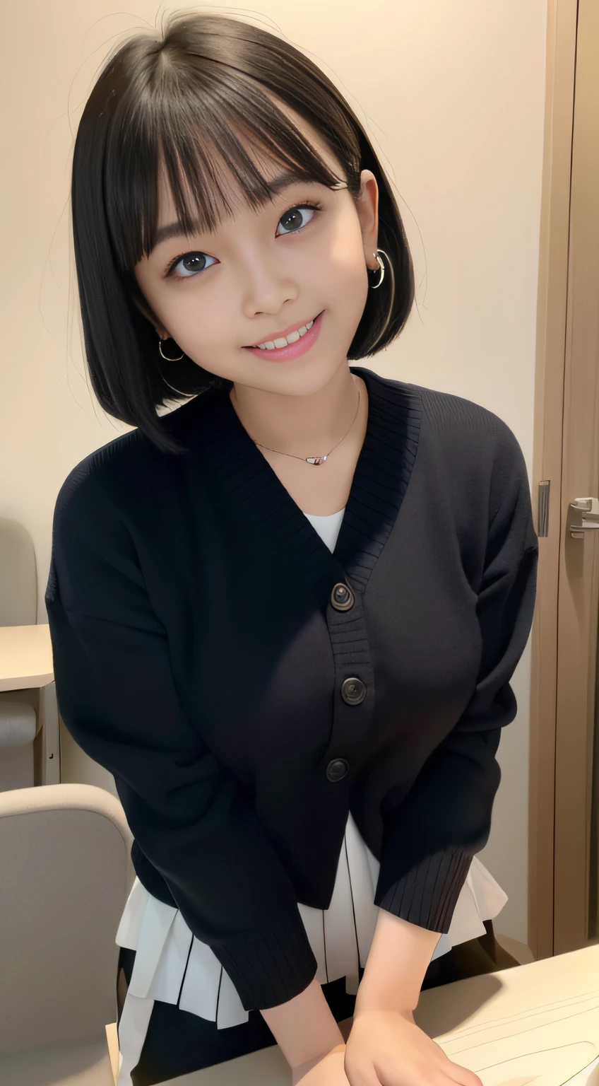 black hair, 18 years old, slender and busty body, bob cut, aqua eyes, black hair, blush stickers, grin, smile with teeth, whole body, younger sister girl, round face, slightly puffed cheeks, eyebrows downward, light blush, Double eyelids, Look at viewers, affectionate cute, cute girl, surreal high school girl, Look at viewers, Hinano Himeno, lots of spectators, TOKYOcty, touched by many people, one little star earring, wiping the table, lively eyes, Bustling background, police officers, covering mouth, parted lips, Surrealism, Surrealism, depth of field, Nikon, 8k, super detail, masterpiece, high details, 8k, anatomically correct, award winning