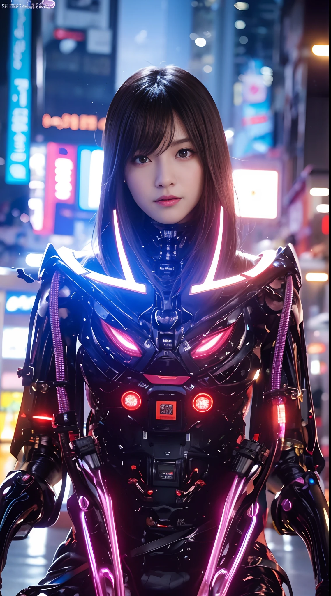 Top Quality, Masterpiece, Ultra High Resolution, (Photorealistic: 1.4), Raw Photo, 1 Girl, Black Hair, Glossy Skin, 1 Mechanical Girl, (Ultra Realistic Detail)), Portrait, Global Illumination, Shadows, Octane Rendering, 8K, Ultra Sharp, Big, Cleavage Exposed Raw Skin, Metal, Intricate Ornament Details, Japan Details, Very intricate details, realistic light, CGSoation trend, purple eyes, glowing eyes, facing the camera, neon details, mechanical limbs, blood vessels connected to the tube, mechanical vertebrae attached to the back, mechanical cervical attachment to the neck, sitting, wires and cables connecting to the head, gundam, small LED lamps,