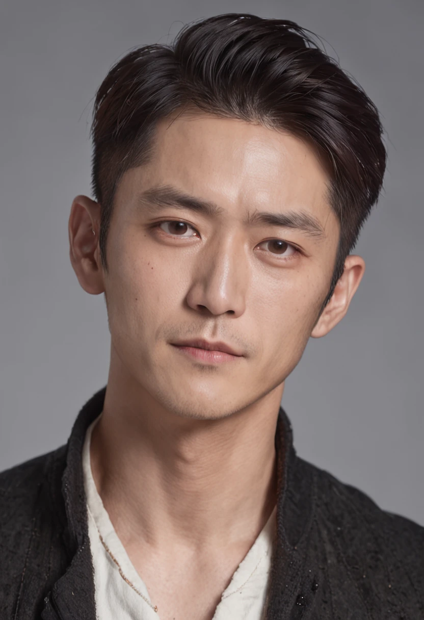 a portrait photo of, Wallace Huo and TOP BigBang mix headshot as a weathered 30-year-old man, ugliness, Hideous, lanyard, broad shoulder, well built, rugged, short copper black-colored hair, Hair tied in a loose ponytail, Widow's peak,Whole body muscles ,Confident expression, intense stare, full bodyesbian,Beardless, dresses polite, wear a vest,