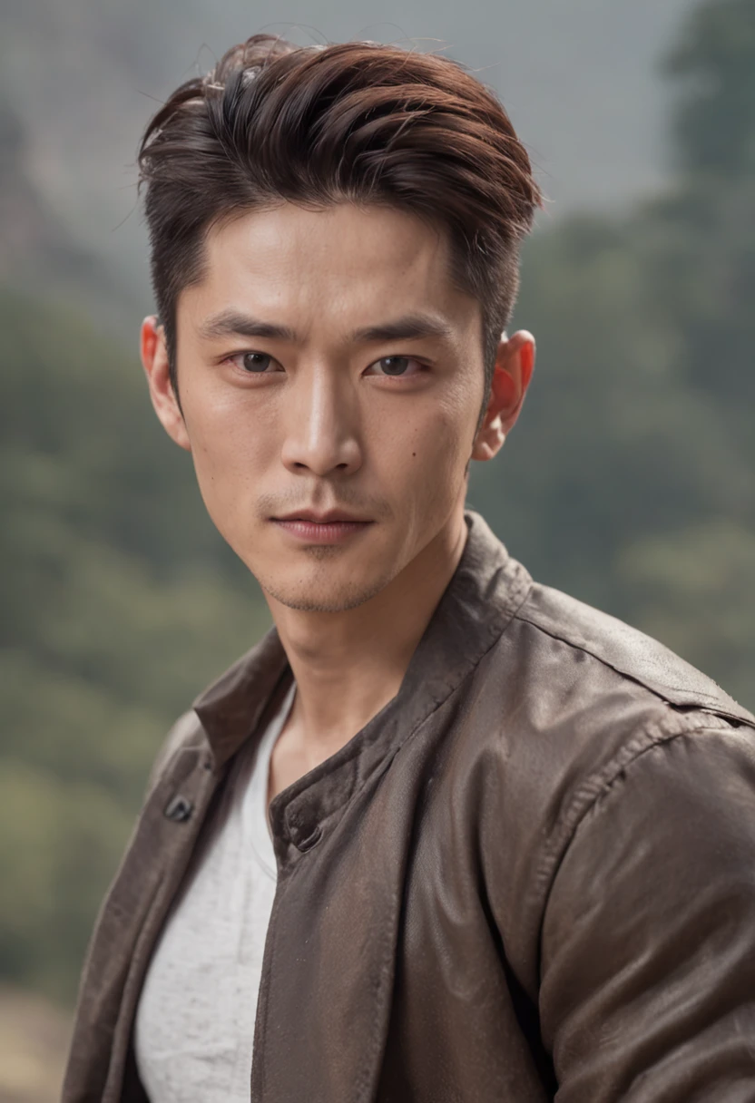 a portrait photo of, Wallace Huo and TOP BigBang mix headshot as a weathered 30-year-old man, ugliness, Hideous, lanyard, broad shoulder, well built, rugged, short copper black-colored hair, Hair tied in a loose ponytail, Widow's peak,Whole body muscles ,Confident expression, intense stare, full bodyesbian,Beardless, dresses polite, wear a vest,