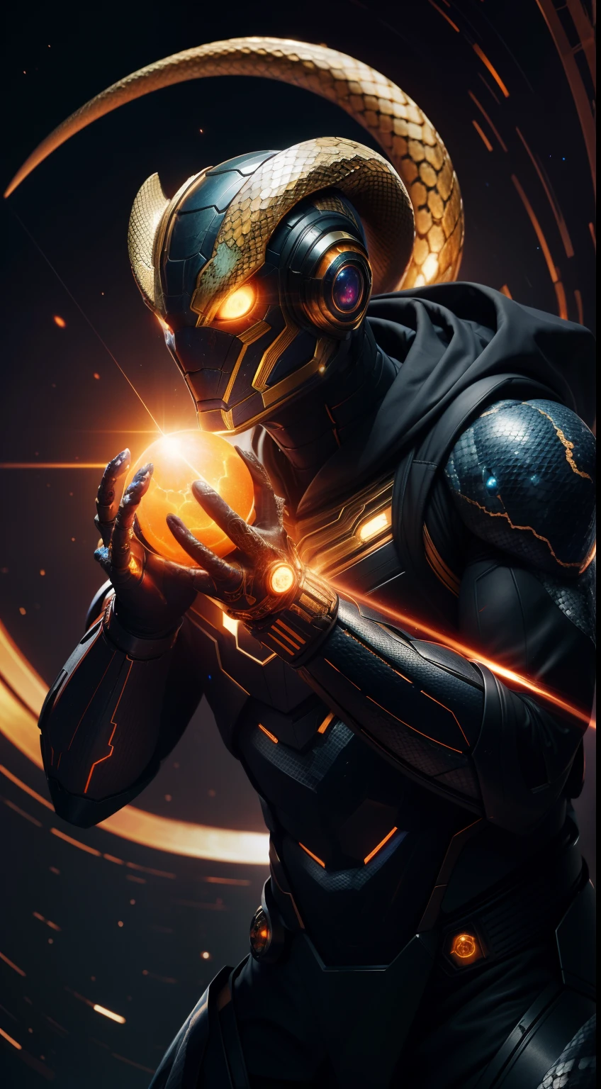 planet destroyer, celestial, snake cyber face, human body, keeping orange soul infinity stone, Animal Anthropomorphism, realistic digital, humanoid, abstract background, global illumination, intricate, epic, dramatic, masterpiece, high detail, best quality, ultra high res