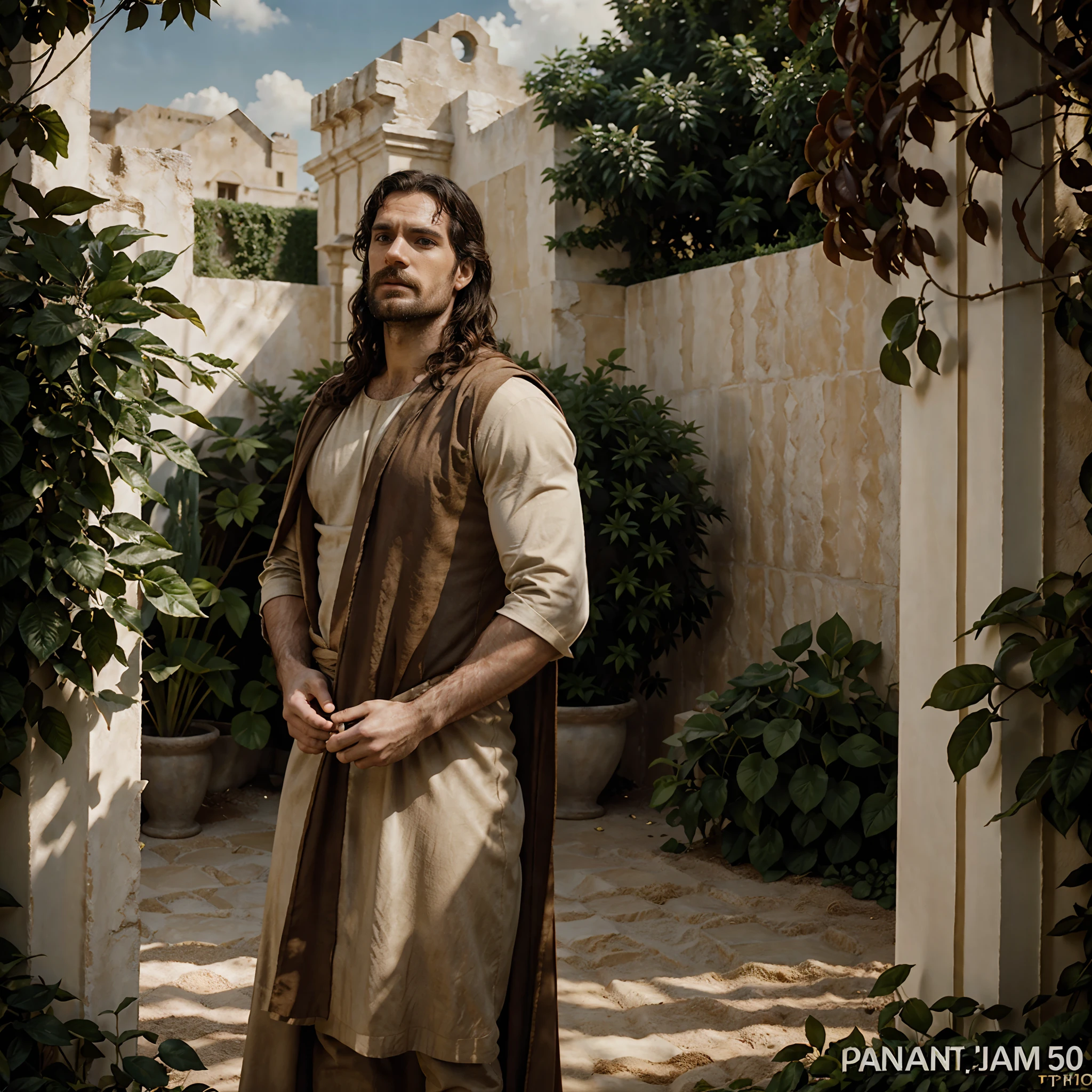 Photograph of a HENRYCAVILL PERSON as Jesus Christ in the movie Passion of the Christ during his time agonizing in a garden, warm atmosphere, Captured by Panavision Panaflex Platinum Camera with Panavision Primo Primes Spherical Lens 50mm T1.9