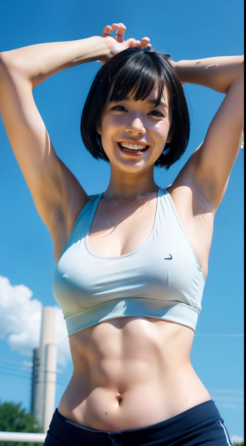masuter piece、Ultra-high-definition image quality、Summer sky、very hot、Full body like、Three very beautiful college girl athletes、Very tall、healthful、No makeup、a pixie cut、poneyTail、a short bob、broad shoulders、Very strong muscles、sun burn、Sunburn scars、Very sweaty、aggressive、greed、Smile at you、Staring at you、Condescending on you、Teasing the、seductiv、Pranks、laughing loud、shout out、Looks like a lot of fun、body odor、armpits hair、large udder、Drenched tank top、Buruma、