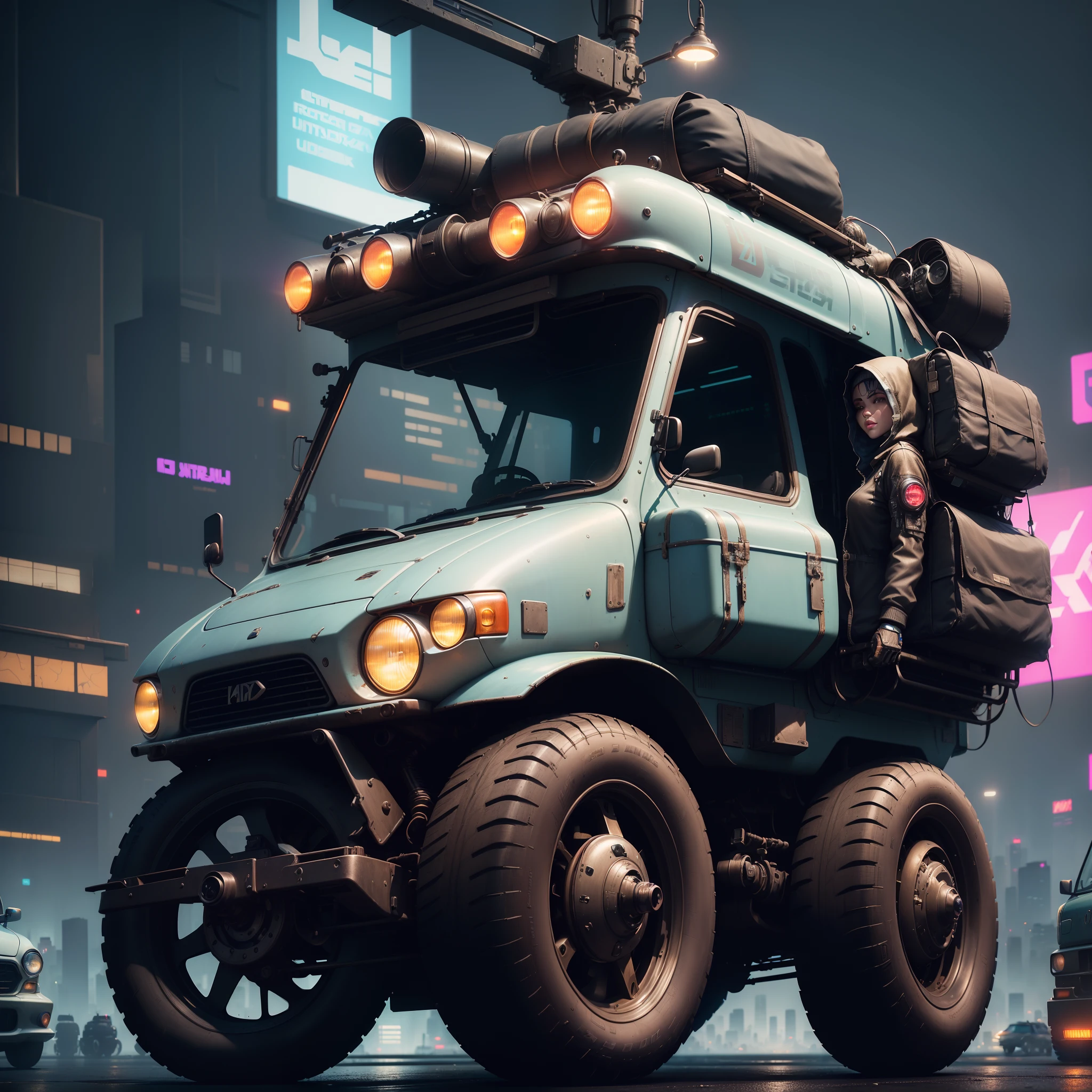 (at late night:1.3), , (detailed beautiful skin textures, detailed beautiful face, ultra detailed clothing textures), , (Cyberpunk:1.4), , (an ultra detailedfour-wheeled and long bonnet tuk-tuk with load on roof carrier and eear loading platform with luggage on it and letter-tyres), , (3/4 front view, The car is in the center of the frame), , (at parking area, at ultra detailed Night City of Cyberpunk), (All cars are classic cars with cyberpunk custumed), , (softlighting), , (masterpiece, best quality:1.4, 8k, ultra detailed, illustration, distinct_image, intricate_details, delicate illustration), (realistic:0.15),