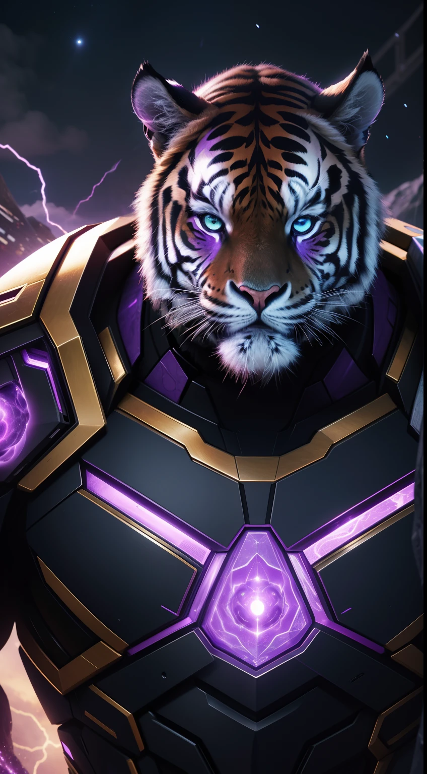 planet destroyer, celestial, tiger cyber face, human body, keeping purple power infinity stone, Animal Anthropomorphism, realistic digital, humanoid, abstract background, global illumination, intricate, epic, dramatic, masterpiece, high detail, best quality, ultra high res