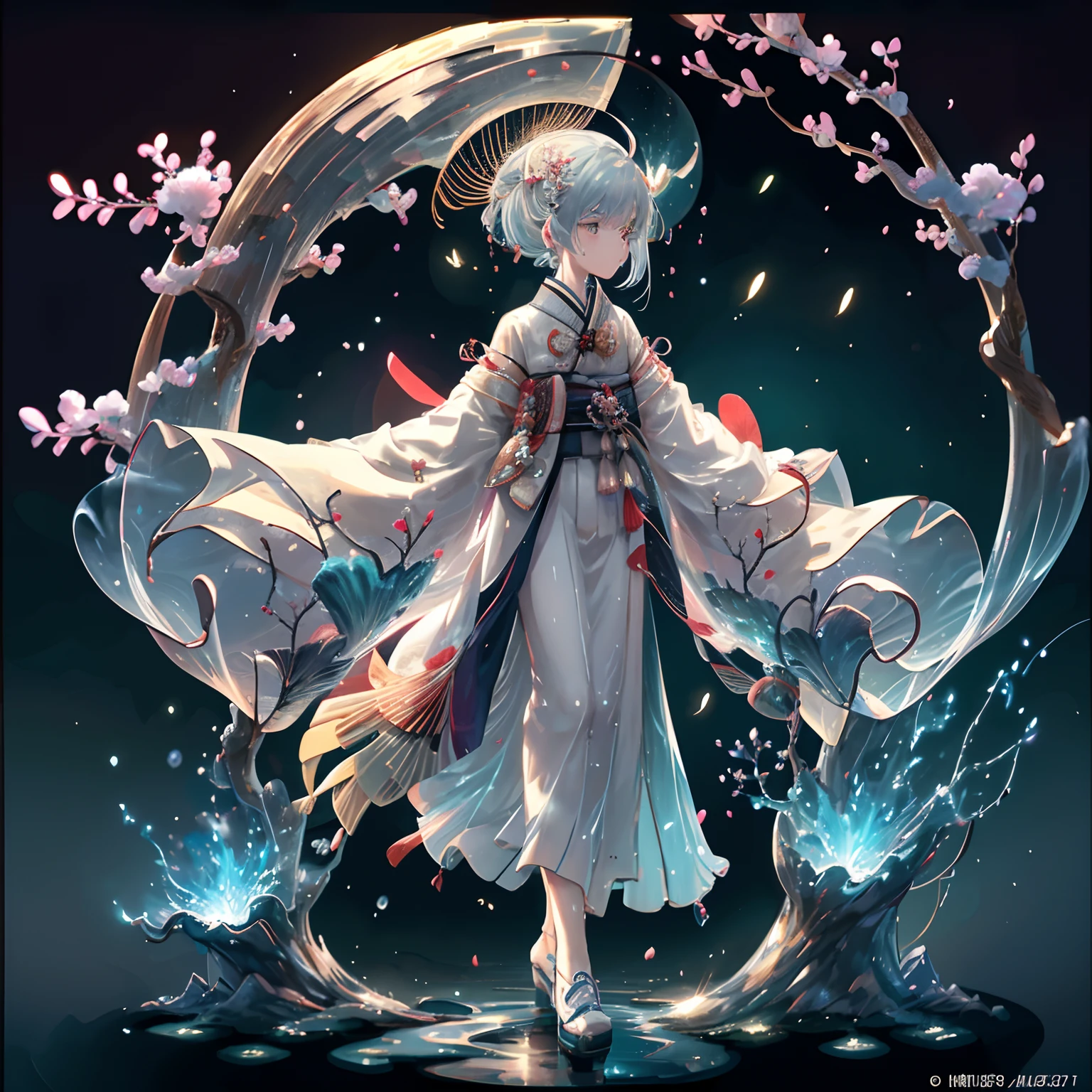 ​masterpiece、best qualtiy、Stunning reflections、Best reflection ever。 (Highly detailed CG Unity 8K wallpapers)、(top-quality)、(The best illustrations)、(Best Shadows)、Forest theme with natural elements。nighttime scene、Tall trees々、Old buildings in Japan、Quiet creek、Small glowing mushrooms surrounded by delicate leaves and branches、Fireflies and glowing particle effect、（1人の女性、20yr old、Adults、Wearing a white kimono、blue hairs、short-hair）、（Natural elements）、（Jungle theme）、（fronds）、（Twigs）、（fireflys）、butterflys、（Delicate）fronds)、(Glow)、(Particle effect)。 、Isometric 3D、Octane Rendering、lay tracing、ultra-detailliert