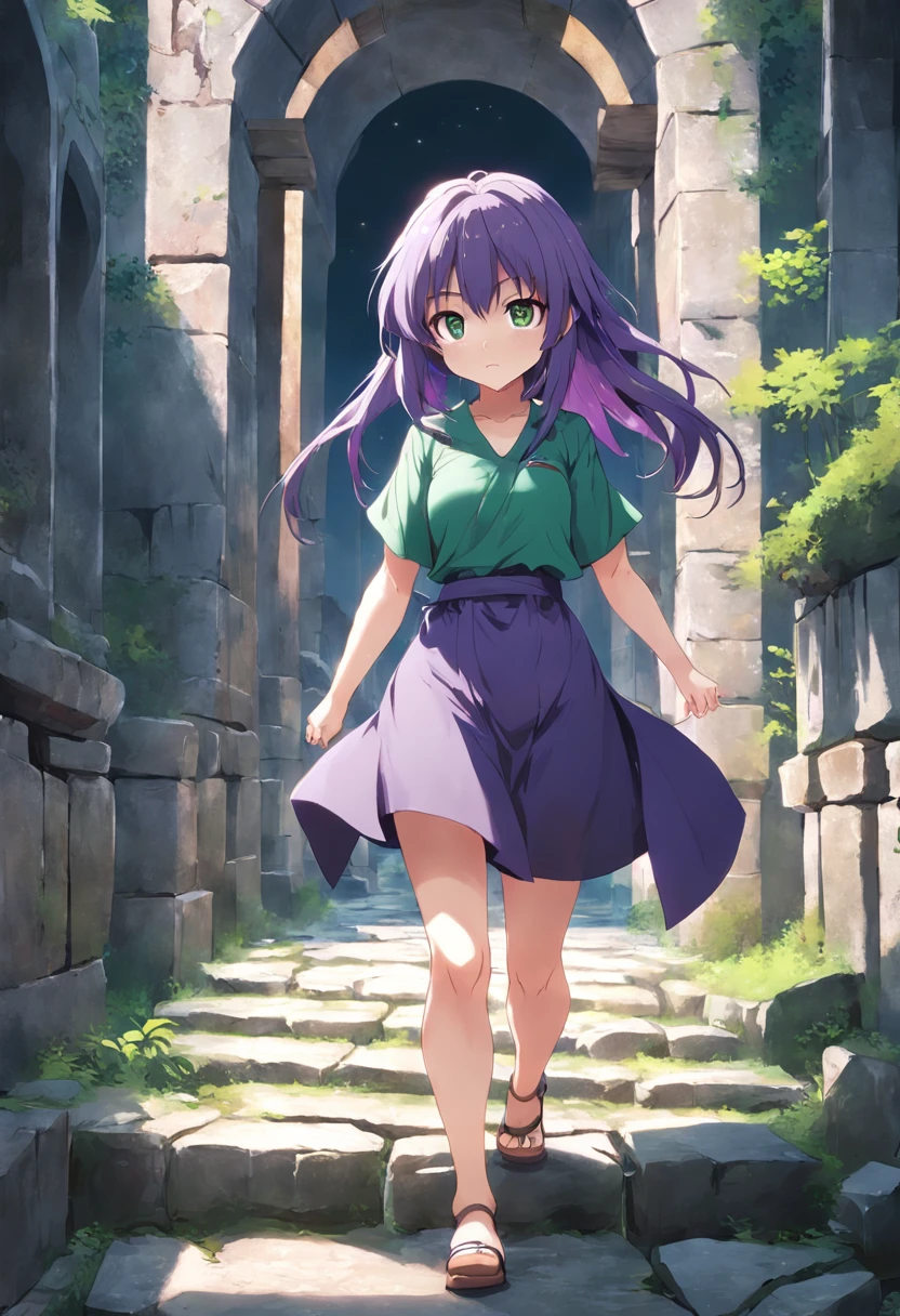 ancient ruin、Stone walkway、purple color hair、Anime girl wearing a green shirt, anime moe art style, render of april, Misato Katsuragi, young anime girl, Smooth Anime CG Art, Anime visuals of cute girls, made with anime painter studio, (Anime Girl), render of a cute 3d anime girl, High quality anime art style