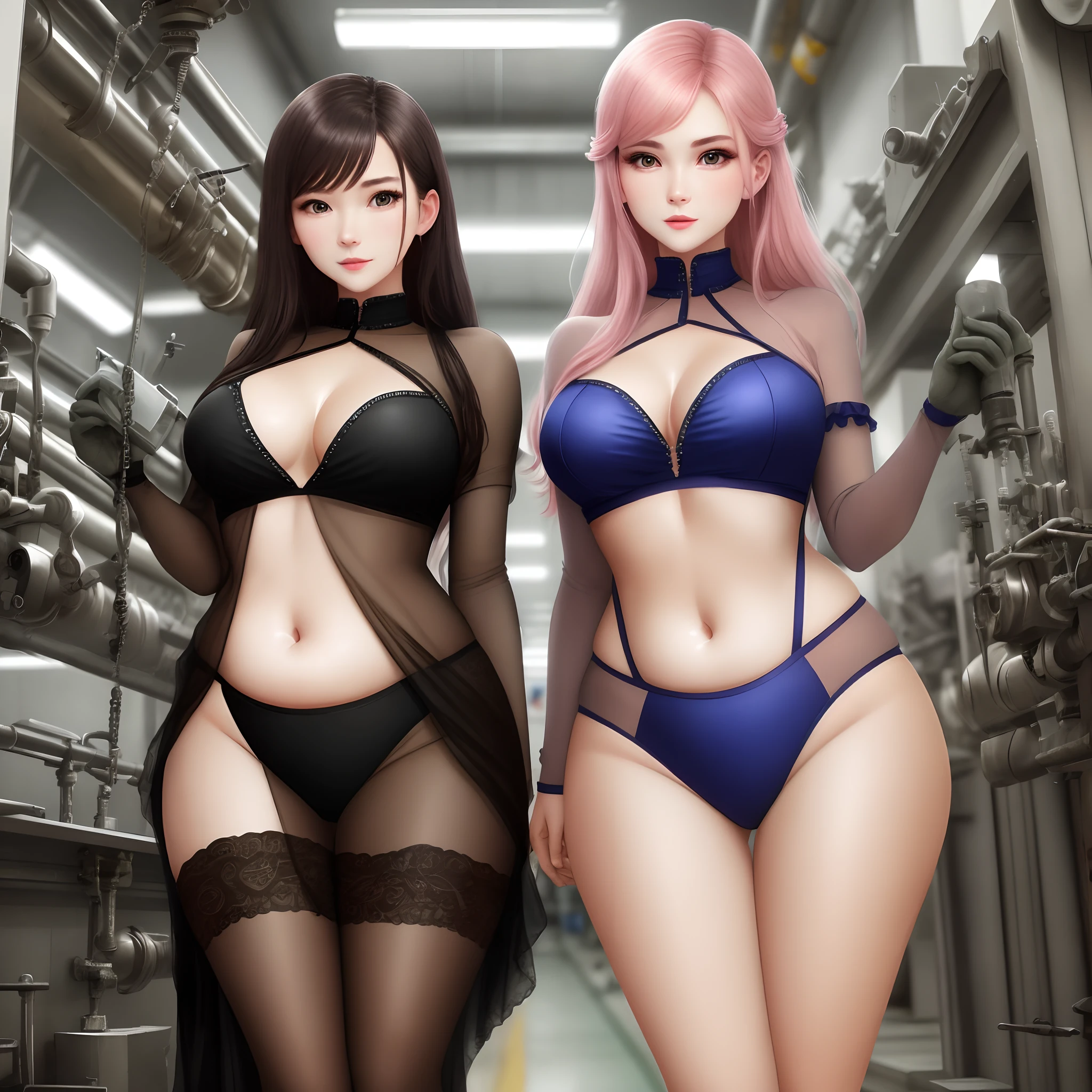 Screws are made every day in the factory，It's boring，Suddenly, two beautiful women without clothes came，Sheer clothing，Looming，Very plump，three-point style，