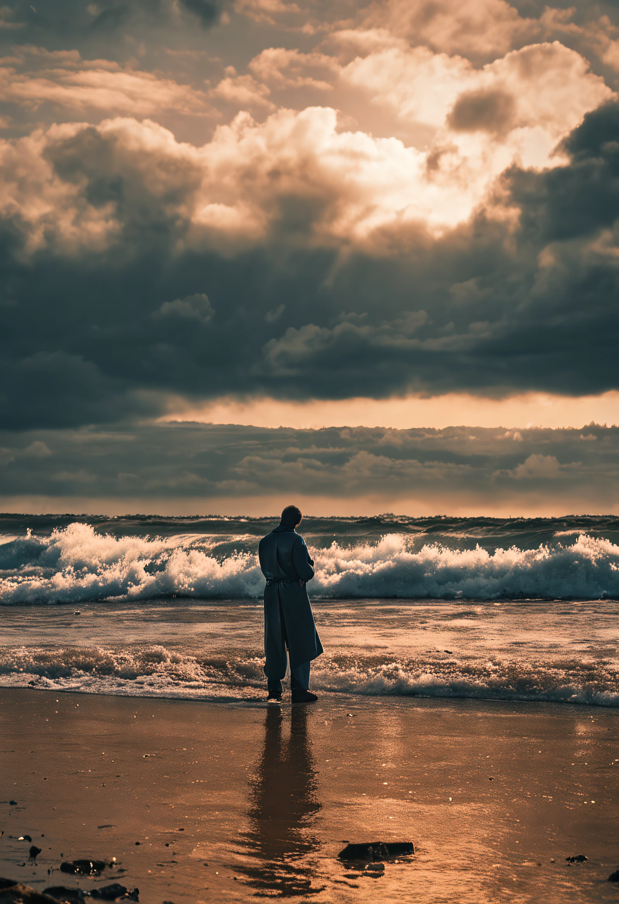 Capa para ebook, a person in the midst of water, ansiedade, highes definition, detalhes definidos, sombras causando medo a pessoa, as projections of one's own concerns, anxiety about the future.