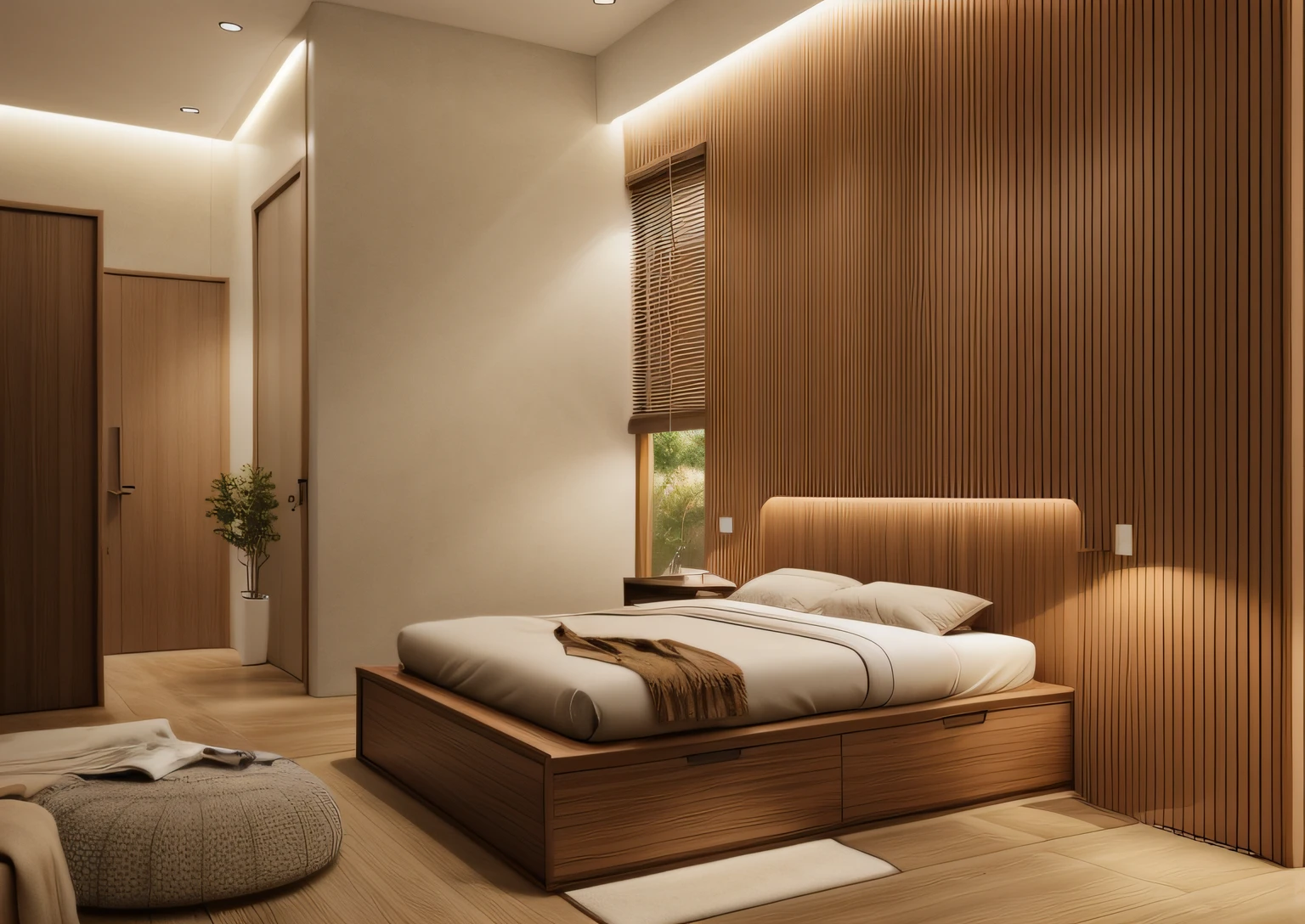 (JAPAN bedroom:1.2), (((extremely realistic:1.2))), (actual photo:1.2), Unreal Engineer 8K, full HD 8K, cinema light, warm light, color dark with minimalism, cream color and white color scheme, clean, simple lines, modern neo-traditional minimalism, brown and white color scheme, modern and minimalist, modern neutral earth colors , elegant and sophisticated, Scandinavian design, deep colors. minimalist color palette, mostly white, 1 BED, 1 WINDOWS, 1 DRESSER, 1 Bedside Table, 1 glass window