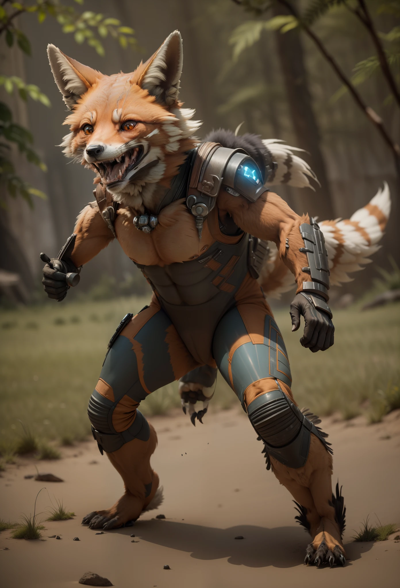 Sci fi humanoid creature with the feathers of a fox and mutant traits similar to rocket grinning teeth real photography, natural light, photorealism, cinematic rendering, ray tracing, the highest quality, the highest detail, Cinematic, Third-Person View, Blur Effect, Long Exposure, 8K, Ultra-HD, Natural Lighting, Moody Lighting, Cinematic Lighting