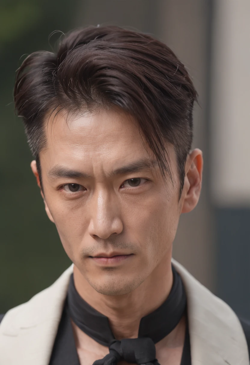 a portrait photo of, Wallace Huo and TOP BigBang mix headshot as a weathered 40-year-old man, ugliness, Hideous, lanyard, broad shoulder, well built, rugged, short copper black-colored hair, Hair tied in a loose ponytail, Widow's peak,Whole body muscles ，Confident expression, intense stare, full bodyesbian，Beardless, dresses polite, wear a vest and tie,