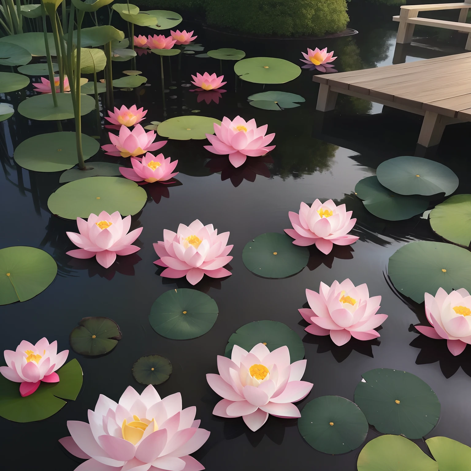 {{{{{masutepiece,Best Quality,ultra-detailliert}}}}},Beautiful lotus flowers swaying quietly in the wind here and there in the pond,Early summer morning,Beautiful park pond background,8K,