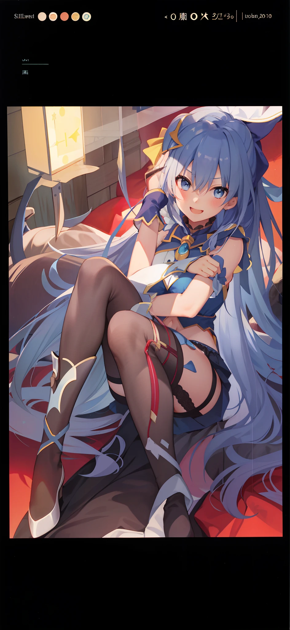 (Masterpiece), (Best quality), A high resolution, Ultra detailed, Professional lighting, Photography, Mixed 4 adults, Perfect skin, model, Night, the huge moon, 1girll, Solo, Aqua_konosuba, Bottom view, Smug, Smile, Open mouth, Blue eyes, Light blue hair, Long hair, Gothic, ribbon, Hair Bow, a garter belt, lipstick, mitts, swollen sleeves, Sitting, Detailed background, Clear sky, stars, sickle
