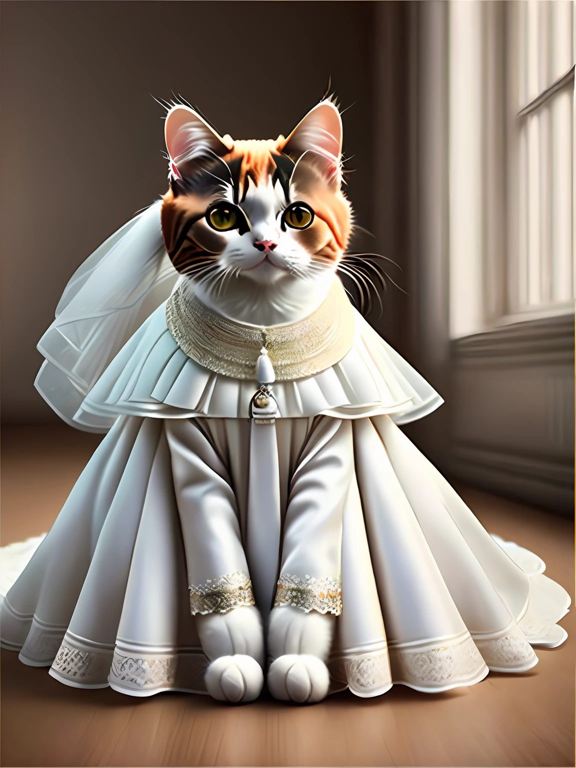 Cat Wedding Photos, wedding dress, Art Station Trends, Wear wedding dress clothes, hyper realistic detailed rendering, Urban style, Stare Pose, Cat Planet, Fashion Clothing, meow,