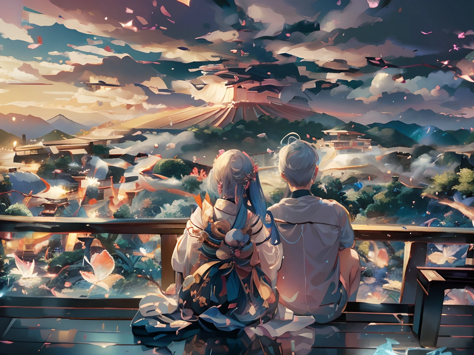 masterpiece、best qualtiy、Stunning reflections、Best reflection ever。 (Highly detailed CG Unity 8K wallpapers)、(top-quality)、(The best illustrations)、(Best Shadows)、Forest theme with natural elements。nighttime scene、Tall trees々、Old buildings in Japan、Quiet creek、Small glowing mushrooms surrounded by delicate leaves and branches、Fireflies and glowing particle effect、(1人の女性、20yr old、Adults、Wearing a white kimono、blue hairs、short-hair)、(Natural elements)、(Jungle theme)、(fronds)、(Twigs)、(fireflys)、butterflys、(Delicate)fronds)、(Glow)、(Particle effect)。 、Isometric 3D、Octane Rendering、lay tracing、ultra-detailliert