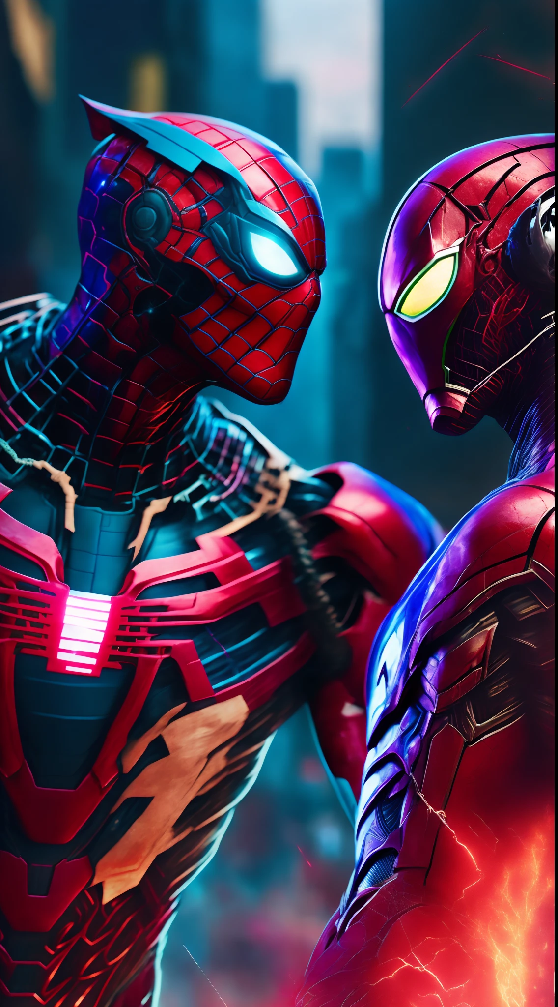 Spider man vs iron man,Cyberpunk,8k.