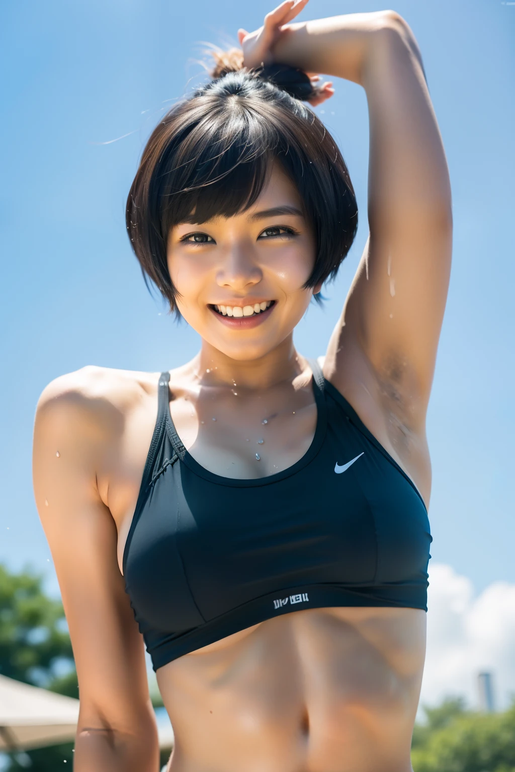 masuter piece、Ultra-high-definition image quality、Summer sky、very hot、Full body like、Three very beautiful college girl athletes、Very tall、healthful、No makeup、a pixie cut、poneyTail、a short bob、broad shoulders、Very strong muscles、sun burn、Sunburn scars、Very sweaty、aggressive、greed、Smile at you、Staring at you、Condescending on you、Teasing the、seductiv、Pranks、laughing loud、shout out、Looks like a lot of fun、body odor、armpits hair、large udder、Clothes soaked with sweat、