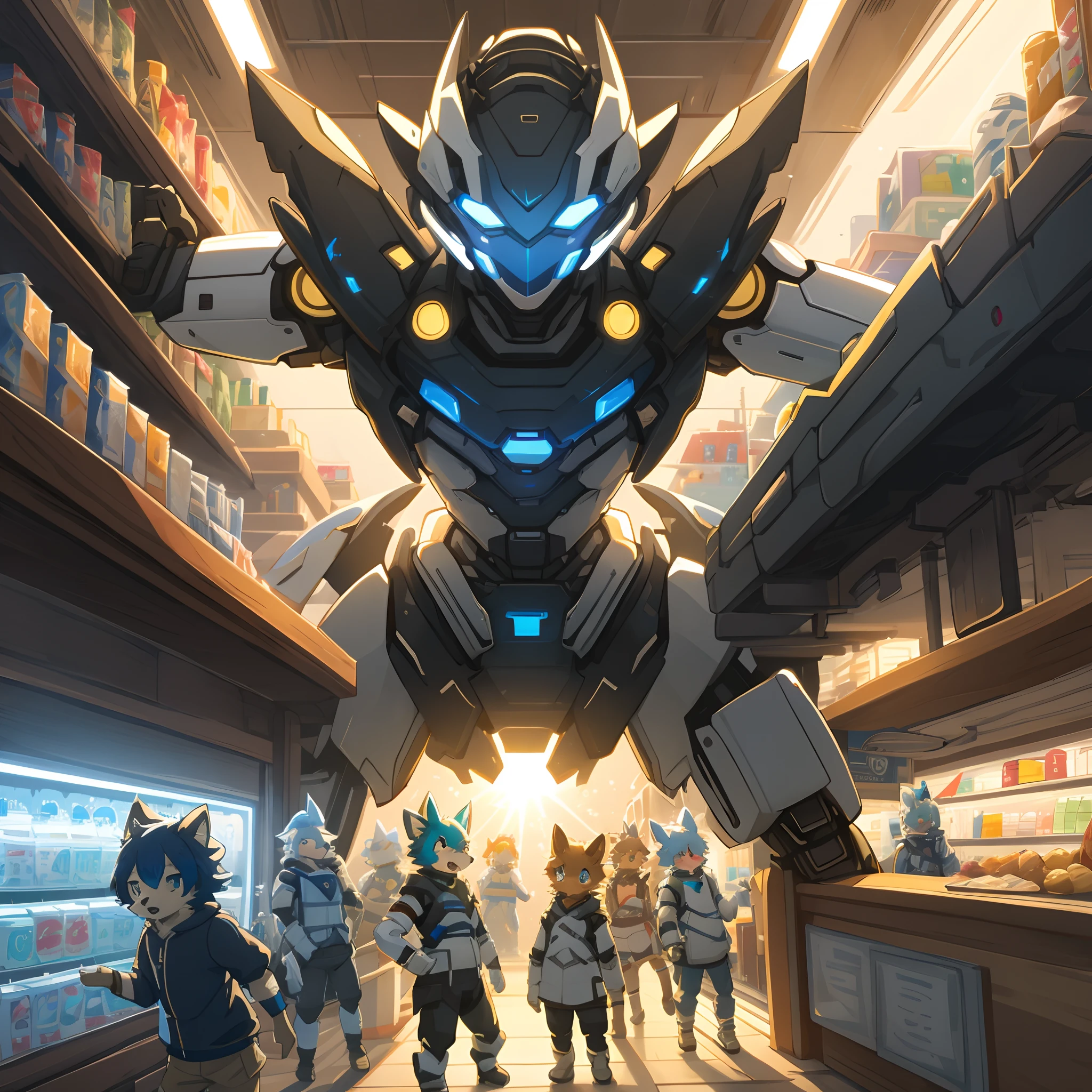 top quality, best quality, High-quality illustrations, masterpiece, super high resolution, detailed background, convenience store((friendship movie of humanoid robot and human child)), 6+boys, 6+girls, absurdres(highly detailed beautiful face and eyes)perfect anatomy, expression, caustics, light rays, dynamic lighting, light particles, lens flare, cinematic shadow(kemono, furry anthro)assorted poses, dynamic angle,