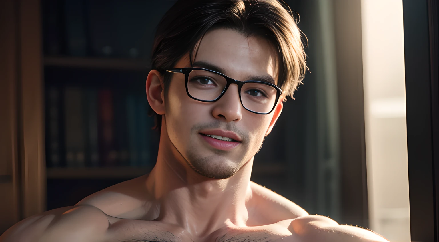 HD quality, high definition, a male escort 20 years old handsome, muscular and slim, red lips, leaning on a table ((exposed vagina)) , wearing bathrobe, short hair, model with bracelets, earrings, with eye glasses, fully nude and naked body, side view, sexy and seductive, very wet body, very wet hair, ((exposed Vagina)), full body view, wearing choker necklace, looking to viewer with smirk and litlle smile