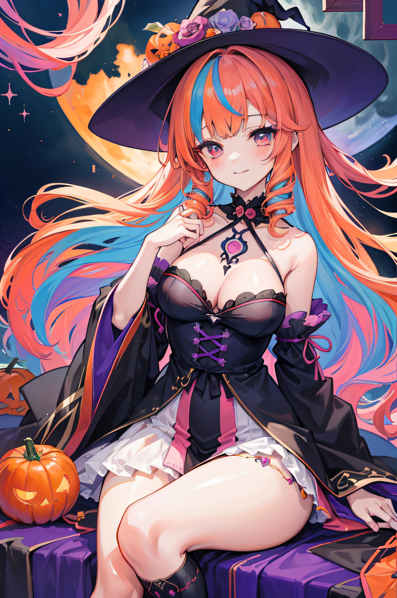the witch、Gothic ta、tits out、Eye Highlights、witch's hat、sleeved、(masterpiece、top-quality、top-quality、watercolor paiting(Curly)、Beautifully Aesthetic:1.2)、(1girl in:1.3)、(Fractal Art:1.3)、looking at the viewers、patterns、(rainbow-colored hair、colourful hair、Half orange and half pink hair:1.2)、natta、Eau、liquids、clouds、Halloween、pumpkins、colourfull、A smile、Throat and face