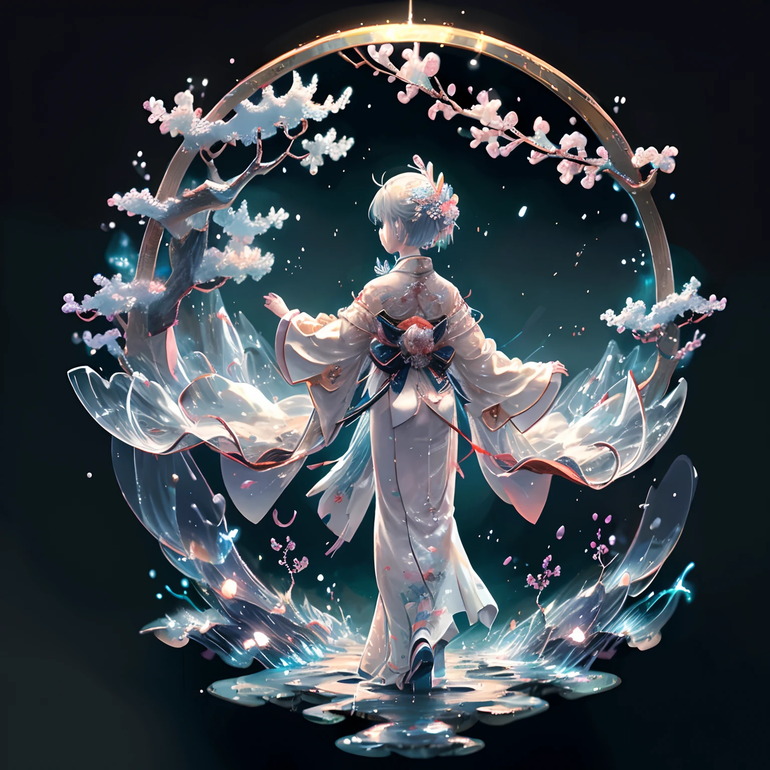 masterpiece、best qualtiy、Stunning reflections、Best reflection ever。 (Highly detailed CG Unity 8K wallpapers)、(top-quality)、(The best illustrations)、(Best Shadows)、Forest theme with natural elements。nighttime scene、Tall trees々、Old buildings in Japan、Quiet creek、Small glowing mushrooms surrounded by delicate leaves and branches、Fireflies and glowing particle effect、(1人の女性、20yr old、Adults、Wearing a white kimono、blue hairs、short-hair)、(Natural elements)、(Jungle theme)、(fronds)、(Twigs)、(fireflys)、butterflys、(Delicate)fronds)、(Glow)、(Particle effect)。 、Isometric 3D、Octane Rendering、lay tracing、ultra-detailliert