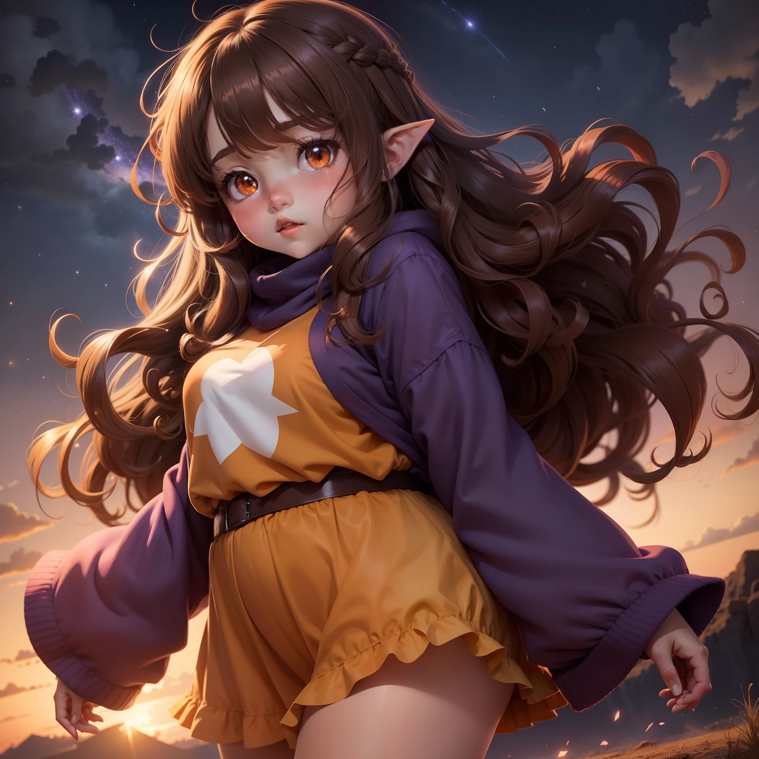 An anime girl, wavy brown hair, orange eyes, chubby body, elf clothes, purple clothes, only one person, dark skin tone, clear sky background with stars