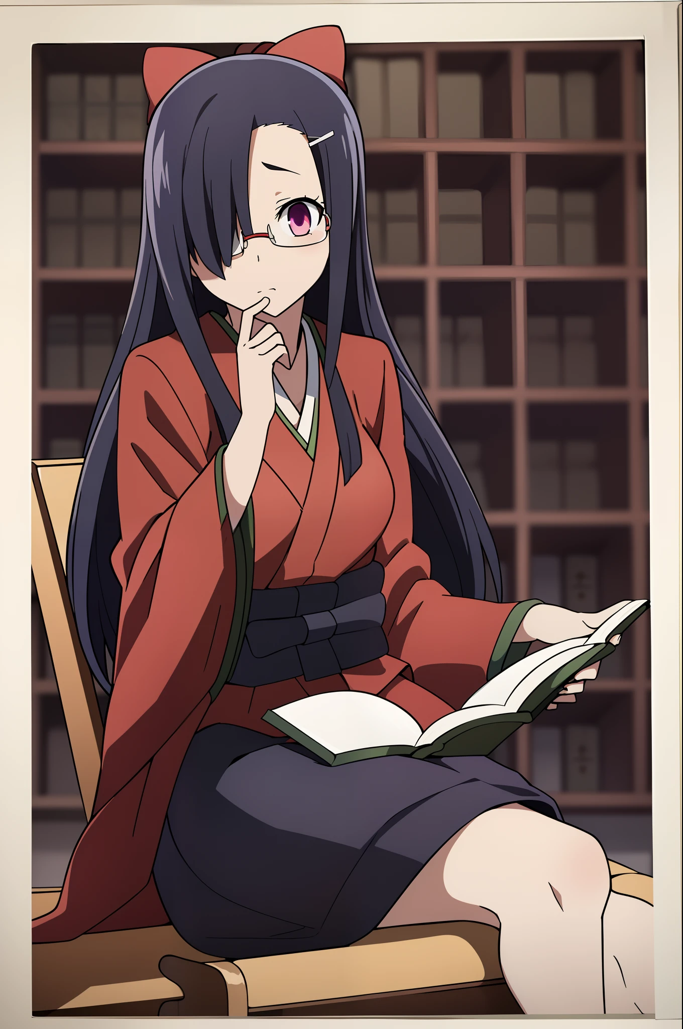 (masterpiece, best quality), 1girl, TsubakiKasugano,  reading, tome in hand, reading a tome, one tome, sitting, (((glasses:0.9))), ((tsundere)), tall, beautiful, medium breast, ((round eyewear:0.9)), ((military pants:0.7)), ((polo shirt:0.7))