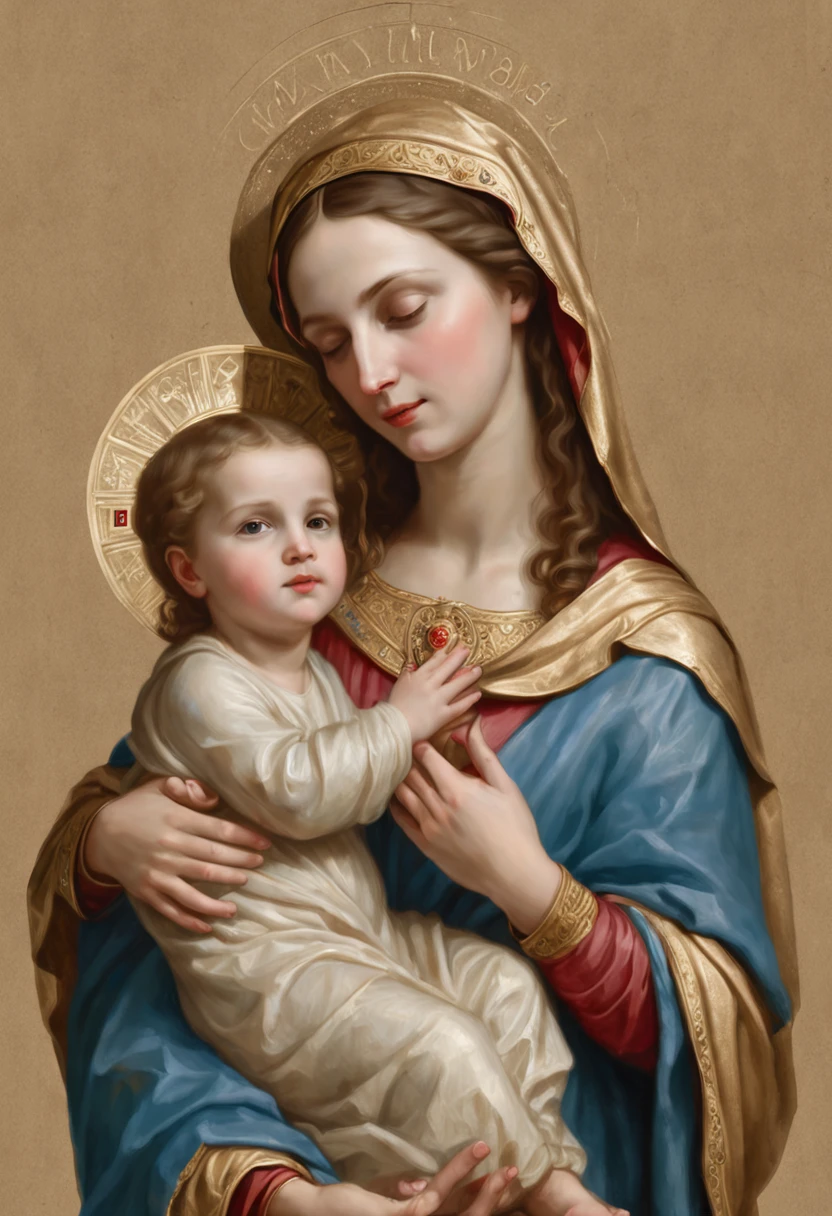 Our Lady, standing, holding the rosary with one hand and the baby Jesus with the other hand. They both have brown hair. She wears a pink tunic and a blue veil. 