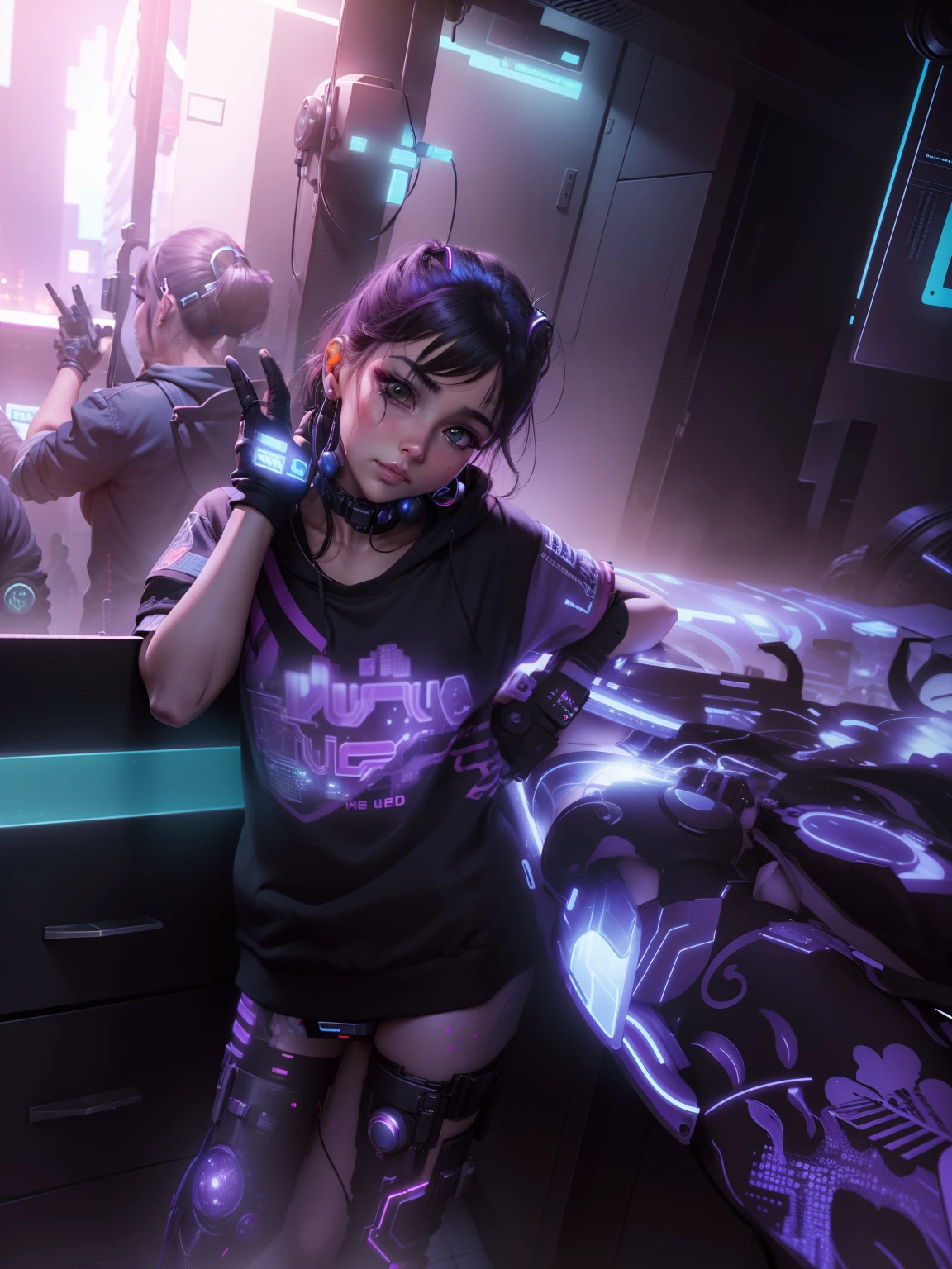 Masterpiece, Best Quality, High Resolution, 1Girl, Ultra High Resolution, Solo D.VA, Headphones, Pink eyes, Brown Hair, White Gloves, Face Decoration, Full Body Shot, Cute, Realistic, Cute Pose, Perfect Body, Cyber Punk background, wet street, Crop Top, Latex leggings, nsfw, cum, sexy, ahegao