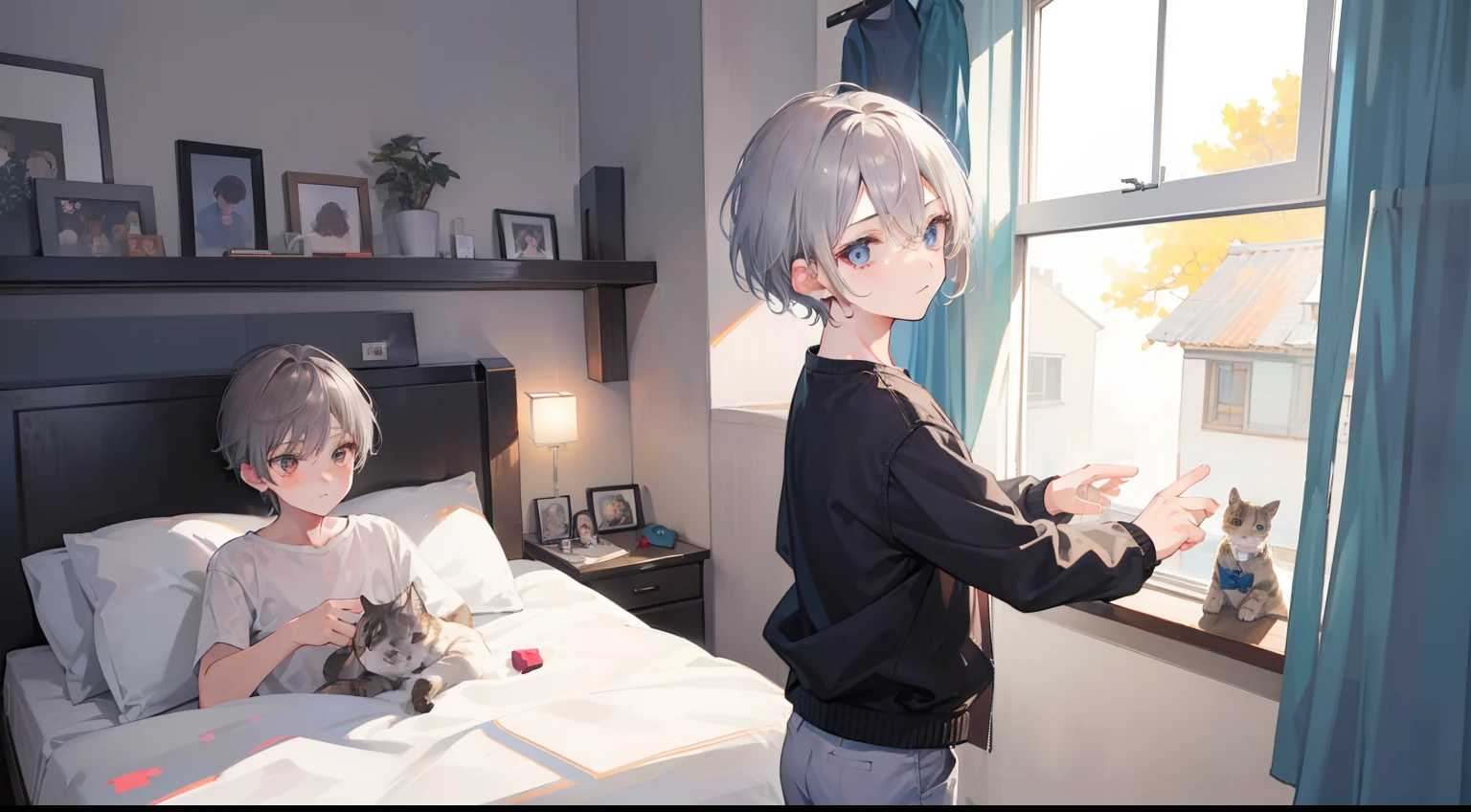 Two Boys, Silver-haired boy and brown-haired boy, Boy's room、Boys Love、A cat is peeking out of the window、hight resolution、ultra-detailliert