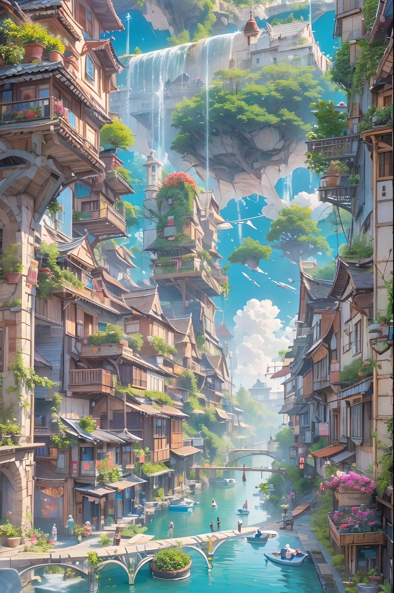 The gravity-defying streets of a near-future other world. Houses are built in the air, and buildings are erected on tiny foundations that could never be supported. Cars and motorcycles fly through the air, and promenades span the sky. The sky is a bright blue. In the garden, there is a fountain with water spurting out like a pattern. The woman stands there stunned, lost in another world.(It is so realistic that the viewer mistakes it for a photograph with a very detailed description),(Situations that cannot happen in real life)、ultra-detailliert、Aesthetic、​masterpiece、top-quality、Photorealsitic、Looks fantastic、Dramatic shadows、Clear and clear scenery from a distance