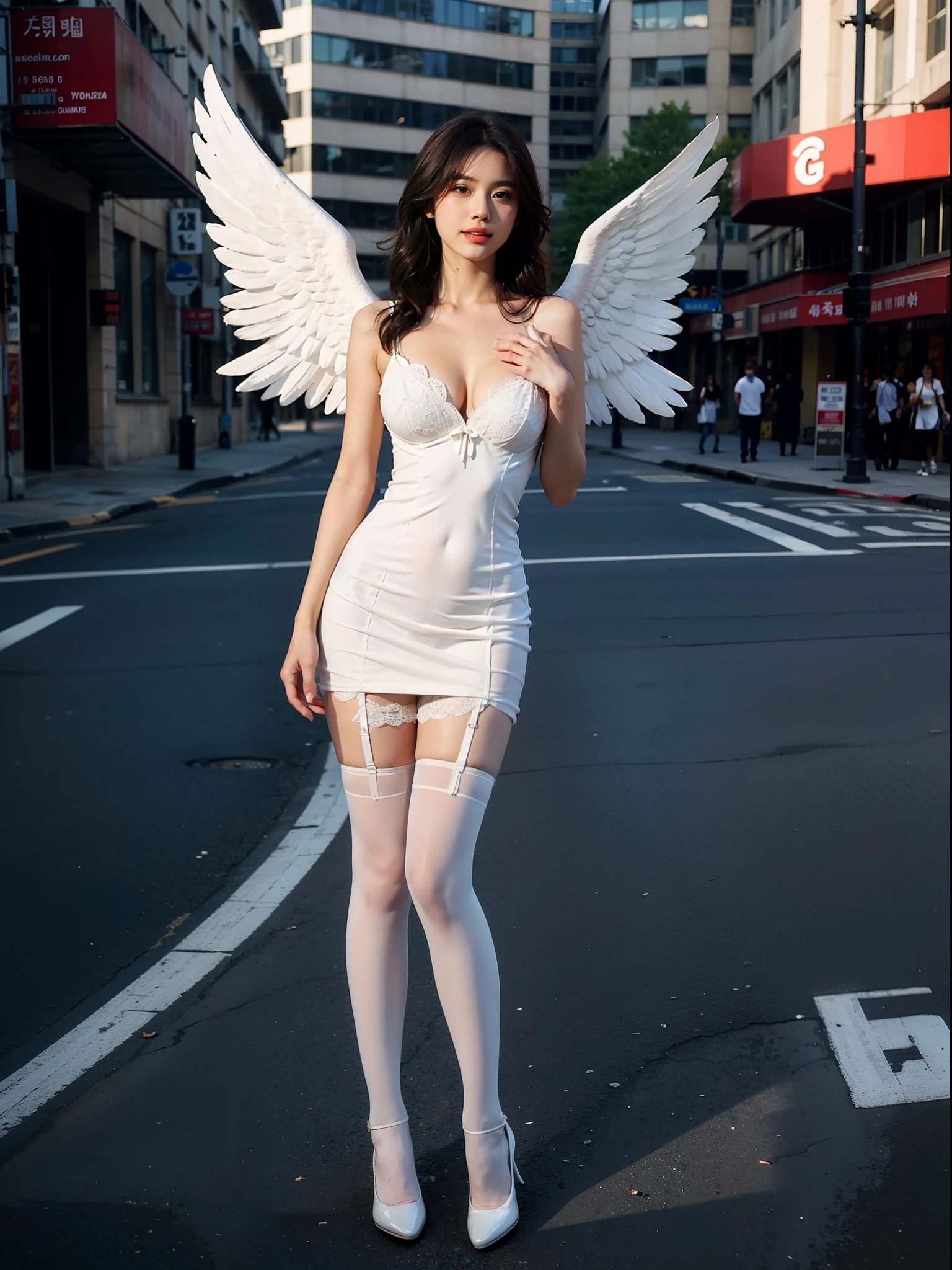 breast enhancement,reality,offcial art,8K quality,Super detail,fine detail skin,Movie Angle,cinematic textures,Movie lighting,Masterpiece,Best picture quality,deepshadow,Backlight,1 girl,Zhu lips,Messy hair,showing panties,pantyshot,underbust,1girll,Whole body,White_Stockings,Lace stock,Long hair,upper legs,Lace, Angels in white dresses walk the streets,Bustling streets,City high-rises,A pair of wings behind the angel,Full body angels, Naked girl, White stockings, White silk wings,, Wide-angle angel shot, white dresses,Beautiful angel in white dress,nudegirl , crisp breasts,Gas bangs),ssmile, best qualityer,tmasterpiece,(realisticlying:1.4)
