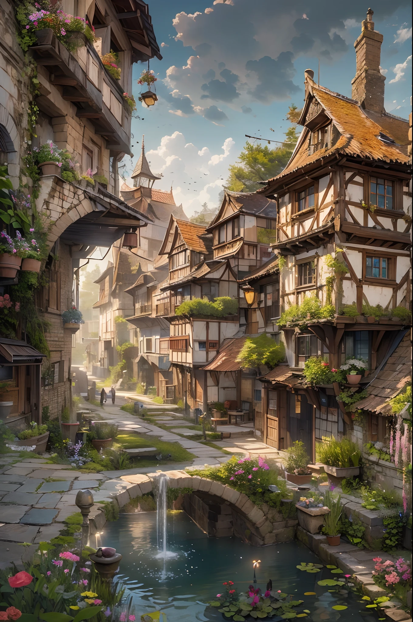 The gravity-defying streets of another world. Houses are built in the air, and buildings are erected on tiny foundations that could never be supported. Beautiful medieval European-style gardens with fountains spewing water in patterns. The woman stands there stunned, lost in another world.(It is so realistic that the viewer mistakes it for a photograph with a very detailed description),(Situations that cannot happen in real life)、ultra-detailliert、Aesthetic、​masterpiece、top-quality、Photorealsitic、Looks fantastic、Dramatic shadows、Clear and clear scenery from a distance