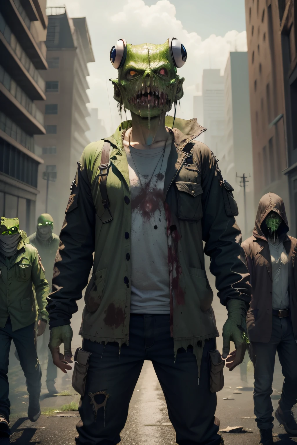 "Create a group of frog-like zombies with realistic features and decaying clothes