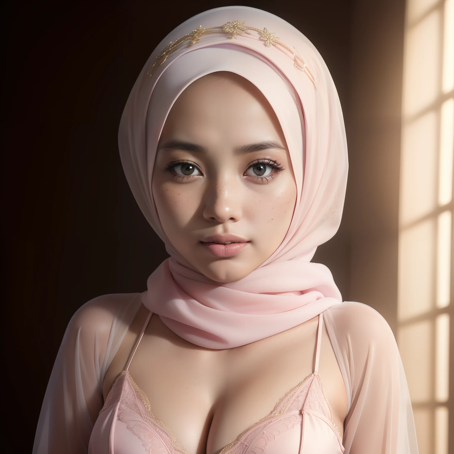 beautiful malay girl with hijab and few freckles, (plain pastel pink hijab), wear kebaya costume, (medium shot portrait:1.3), dramatic light , Rembrandt lighting scheme, (hyperrealism:1.2), (8K UHD:1.2), (photorealistic:1.2), shot with Canon EOS 5D Mark IV, detailed face, detailed skin texture, show cleavage, show panties, happy face,