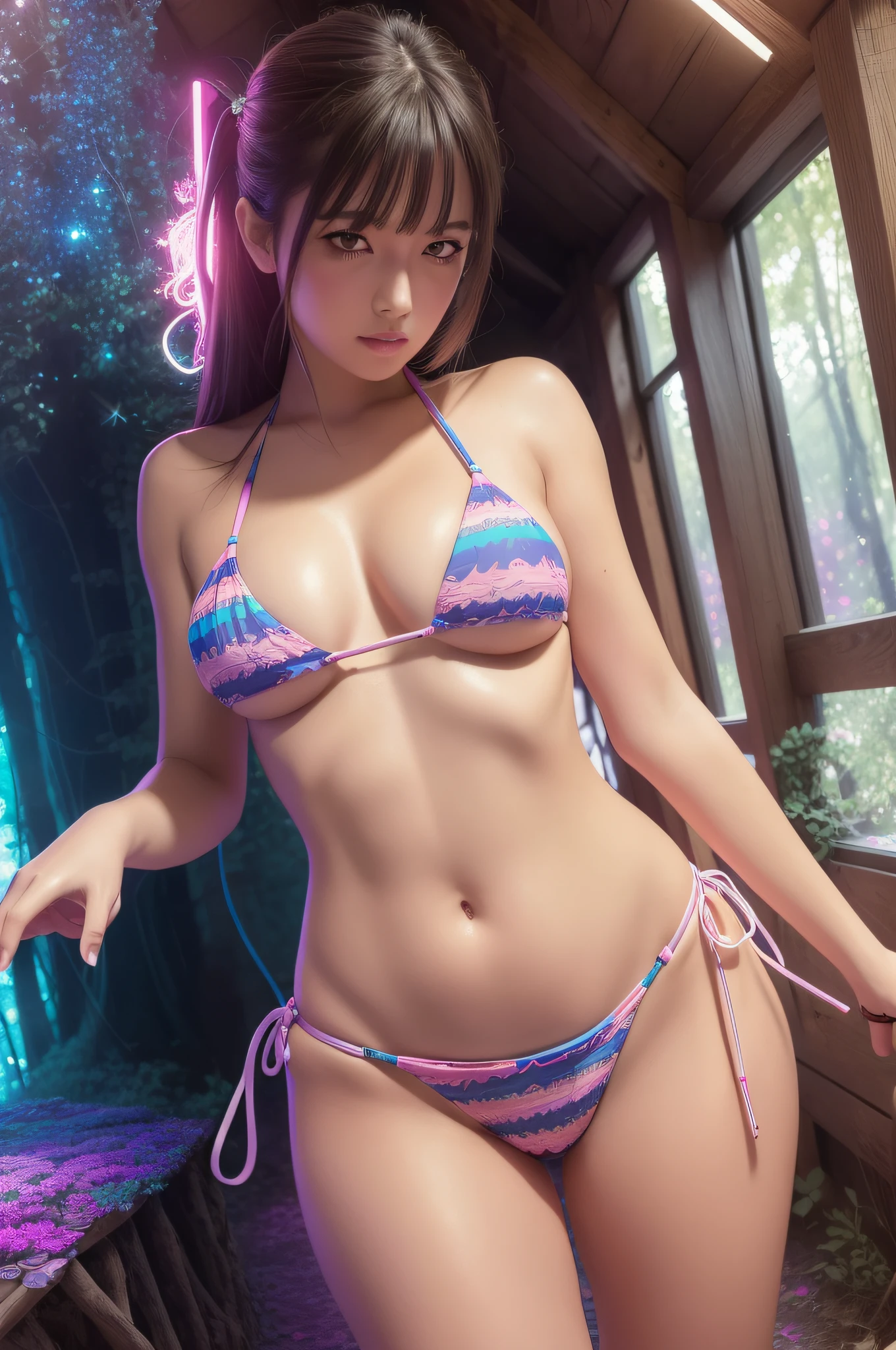 (masterpiece:1.2), (best quality:1.2), (extremely detailed:1.2), (8k,), 1girl( (??????), (detailed face), ) in a magical background, path, (cabin), psychedelic background, neon, pastel, high contrast, dispersion effect,