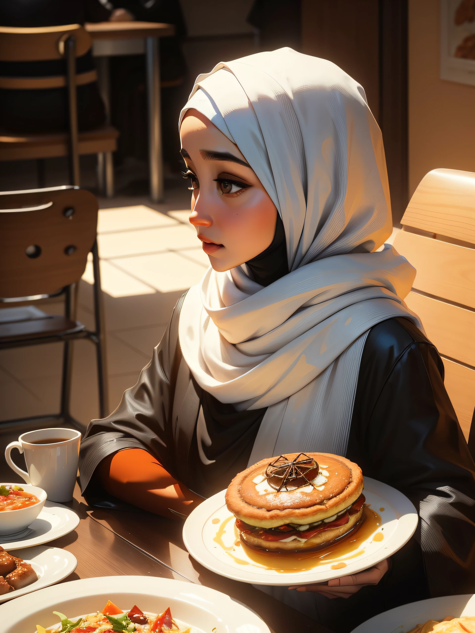 there is a woman sitting at a table with a plate of food, white hijab, hijab, profile picture 1024px, siya oum, dilraba dilmurat, inspired by Fathi Hassan, inspired by Nazmi Ziya Guran, with cute - fine - face, ruan cute vtuber, portait photo profile picture, handsome girl