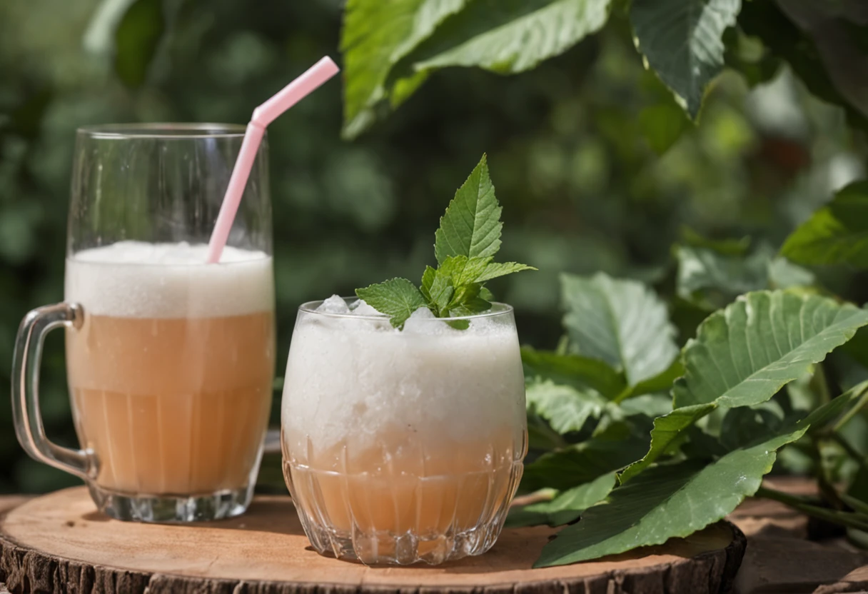 (Chinese Beauty) A beer made from coconut juice, ice cubes and coconut juice. Milky white turns white. Very cool. There are colorful straws and ice cubes placed on green leaves, outdoors, a clear blue sky, beautiful clouds