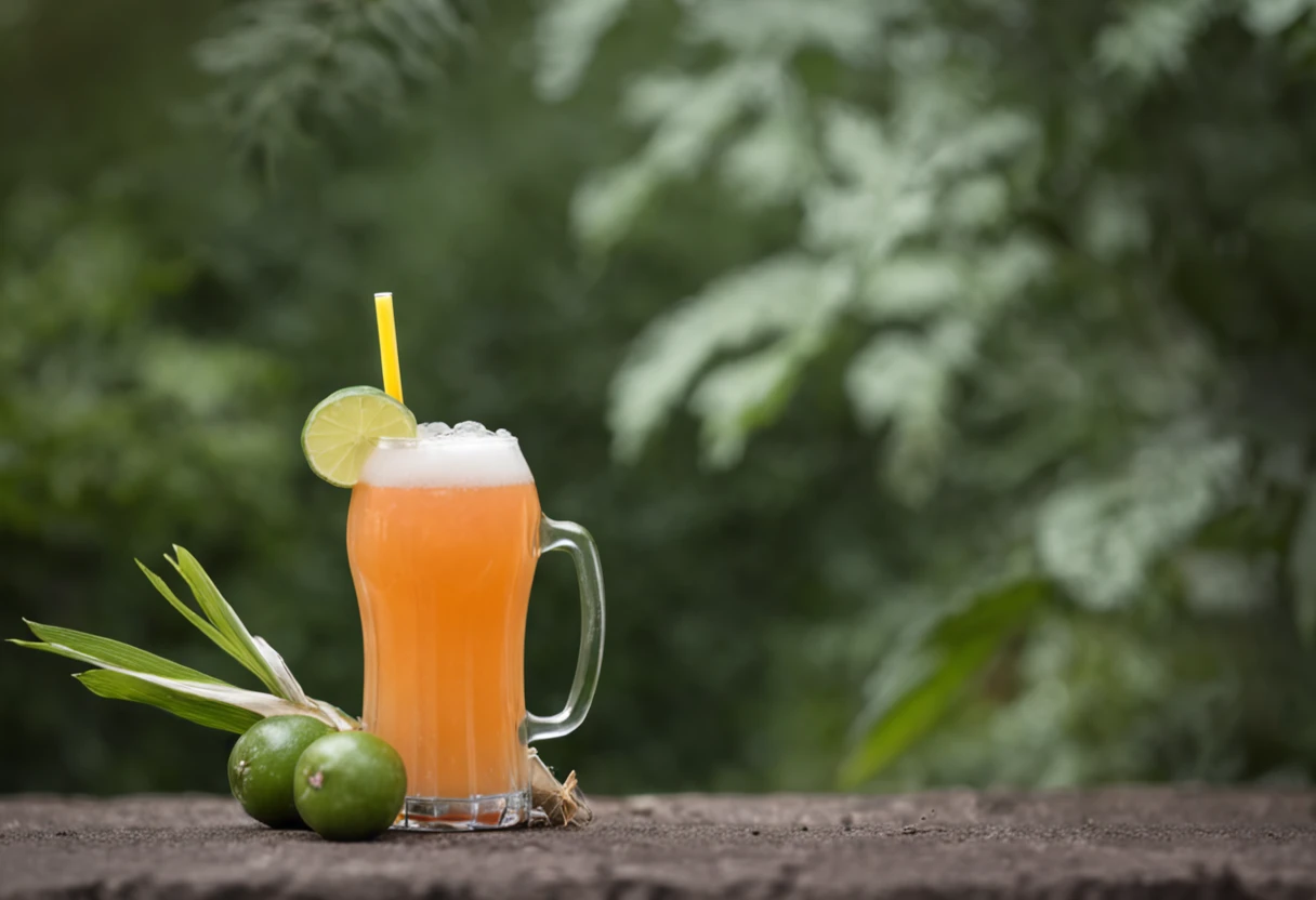 (Chinese Beauty) A beer made from coconut juice, ice cubes and coconut juice. Milky white turns white. Very cool. There are colorful straws and ice cubes placed on green leaves, outdoors, a clear blue sky, beautiful clouds