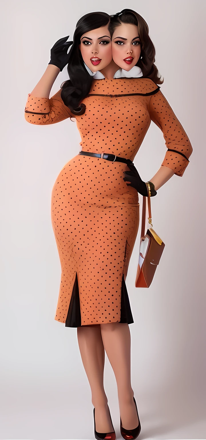Un primer plano de mujer vestida posando para una foto, 2 rostros, sixties pinup, Estilo Pinup, Estilo 5 0 s, 50s style, Estilo rockabilly, 1 9 5 0 s estilo, 1950s vibes, Modelo Pinup, Modelo Retro Pinup, naranja y negro, Pin up, pin-up, Pin - arriba, Pinup