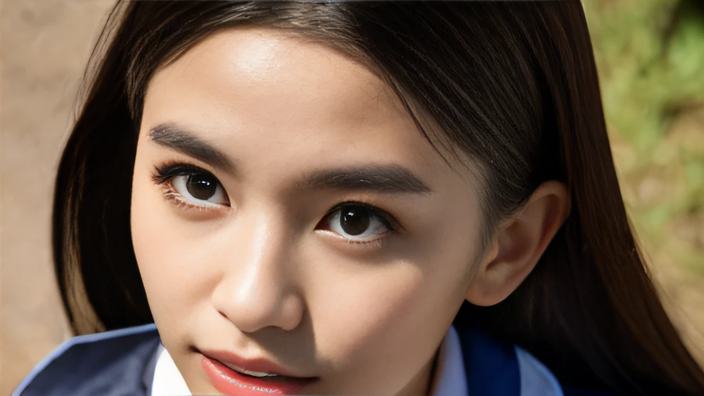 Black ball hair、White Skin Skin、chineseidol、年轻、Thick eyebrows、Black eyes、biting lip、A face full of doubts、Cheer Uniforms、Customized collar、（1 female student）、By the school pond、Sit on a book、Slim eyebrows、Brown hairpins、hentail realism、8K、tmasterpiece、A high resolution、、anatomically correcte、、from above view、32K quality
