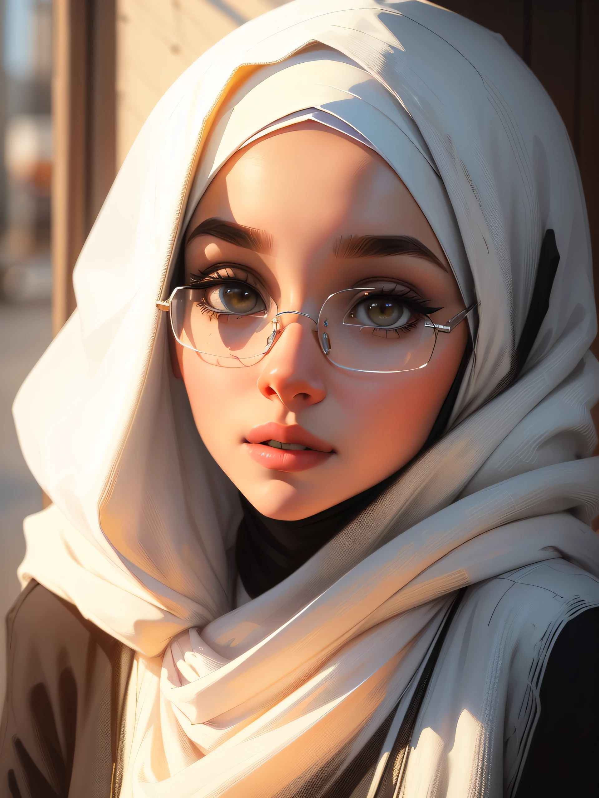 a woman wearing a hijab and glasses in a head poses for a picture, hijab, white hijab, inspired by Fathi Hassan, pale-skinned persian girl, clear lips and high quality, with cute doting eyes, close up potrait, her skin is light, girl portrait, with accurate face, high quality portrait, inspired by Shaddy Safadi