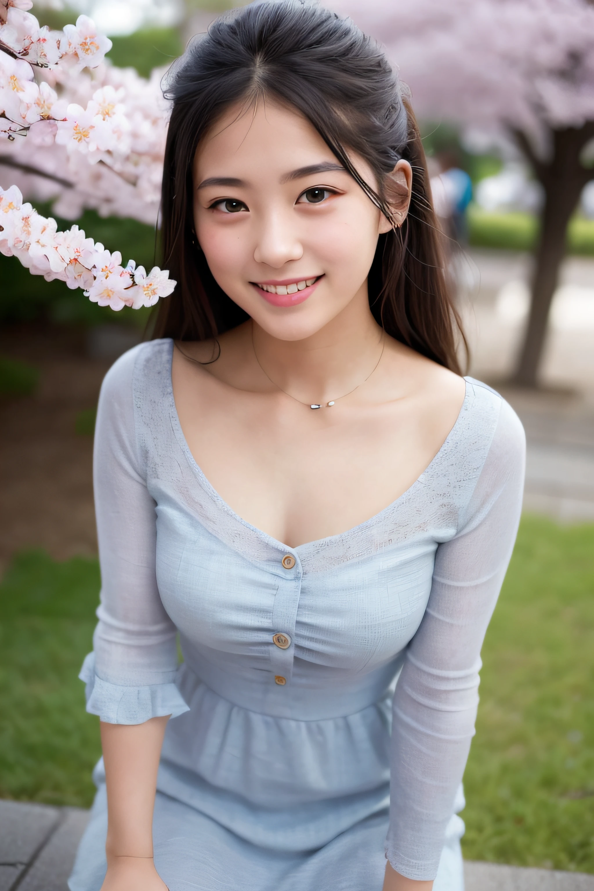 Cherry Blossoms, Watch your audience, 1girl, Super mini dress, The most beautiful image you've ever seen, bsh, ..RAW, Japan person model, 18才、Cute face with big eyes、irresistible、full smile、Sharply Focused, Realstic, (PHOTOREALISTIC), The Highest Quality, Super high resolution, master masterpiece,