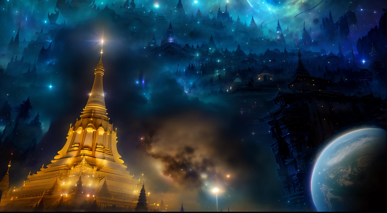 starry sky with a large tower and a planet in the background, temple background, myanmar, glowing temple in the distance, space in background, ethereal starlit city at sunset, galactic temple, night time scene, night time with starry sky, samsara, full - view, night scene, enchanting and otherworldly, nighttime, magical and mystical, starry, sparkle