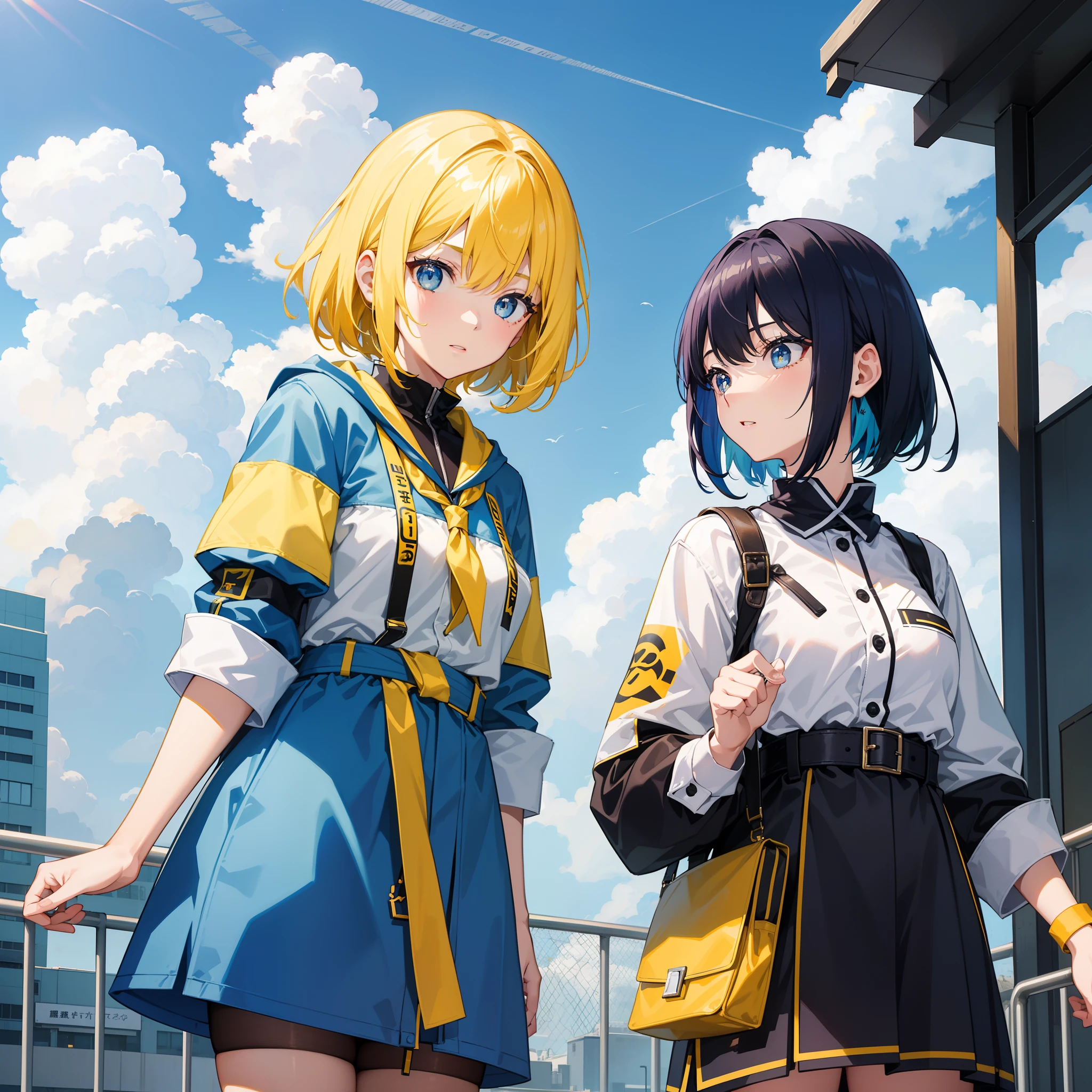 2girls,4k画质,A girl with yellow ears and yellow hair,Blue pupil。A woman with short dark blue hair,Sky-blue pupils,Civilian clothes for students。