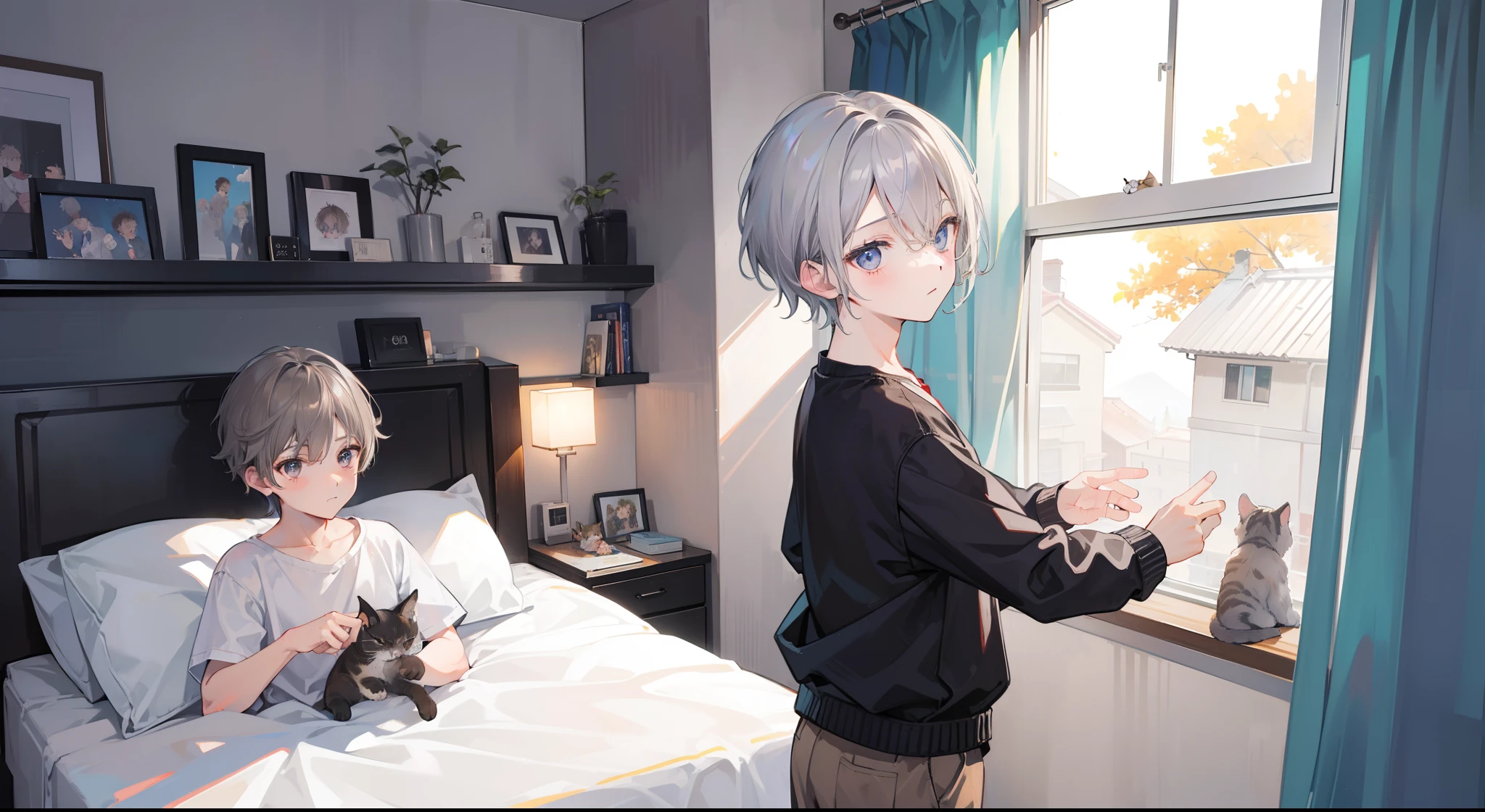Two Boys, Silver-haired boy and brown-haired boy, Boy's room、Boys Love、A cat is peeking out of the window、hight resolution、ultra-detailliert