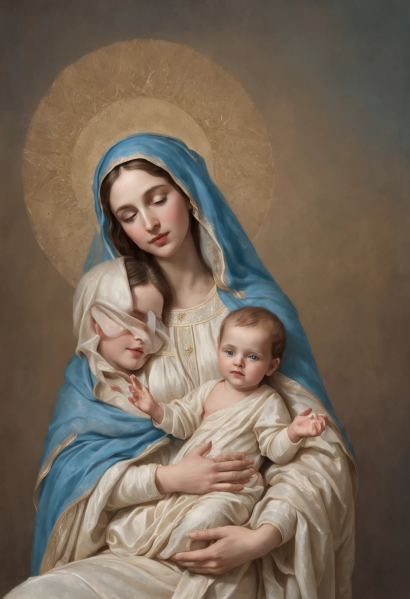 Drawing of a woman holding a  in her arms, Virgin Mary, Toddler with Jesus, Mother, Queen of Heaven, Beautiful Art, painting of beautiful, Beautiful depiction, Portrait of the Virgin Mary, Catholic Religious Art, rosen maiden, Sacred and beautiful, with a blue background, Boregov, guweiz masterpiece, religious art, Christian art, religious painting