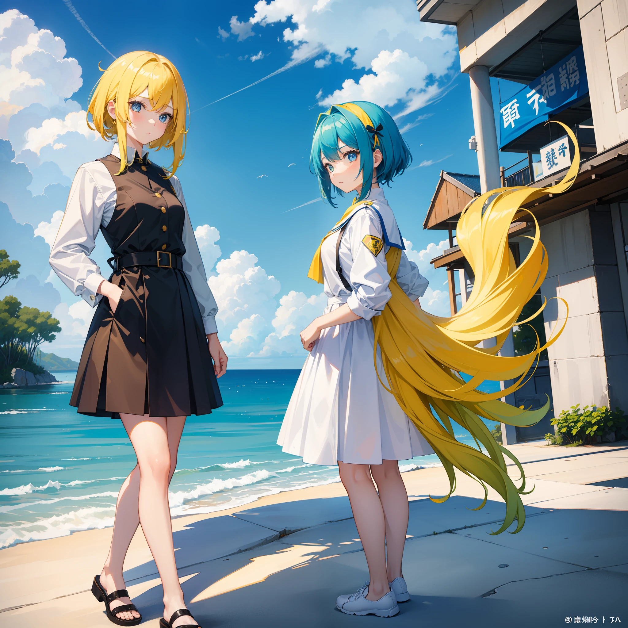 2girls,4k画质,A girl with yellow ears and yellow hair,Blue pupil。A woman with short dark blue hair,Sky-blue pupils,Civilian clothes for students。